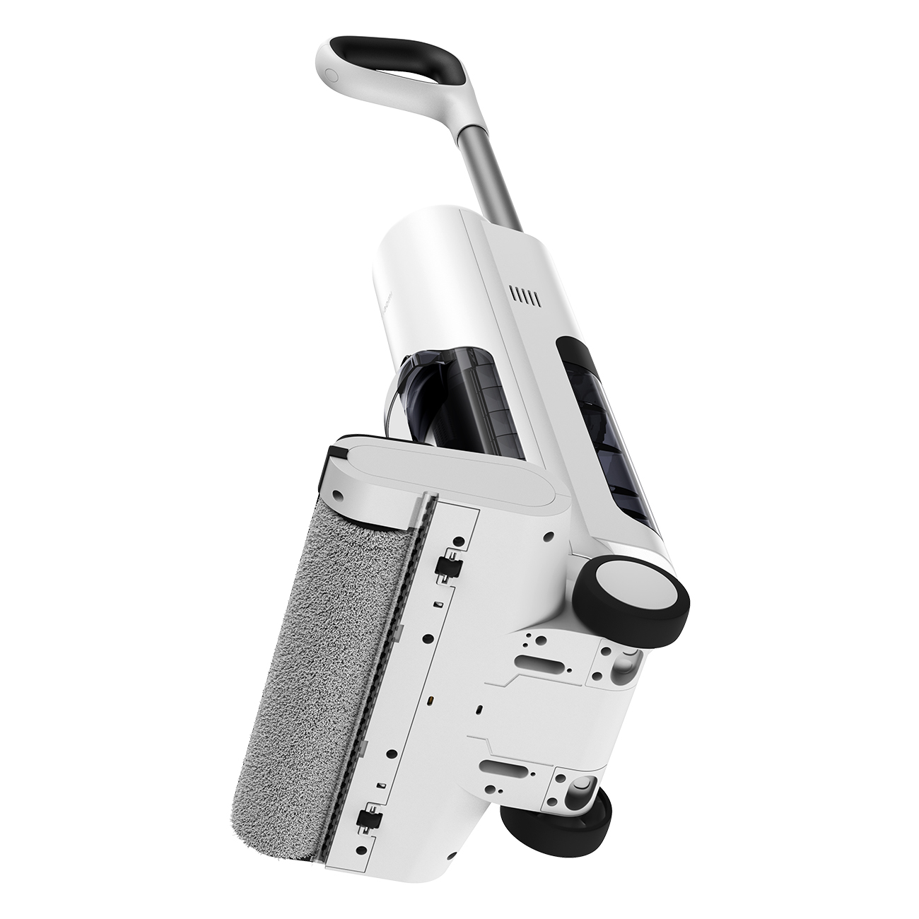 Biało-szara myjka do podłóg. Ujęcie pod kątem na białym tle. Widoczny uchwyt i koła.