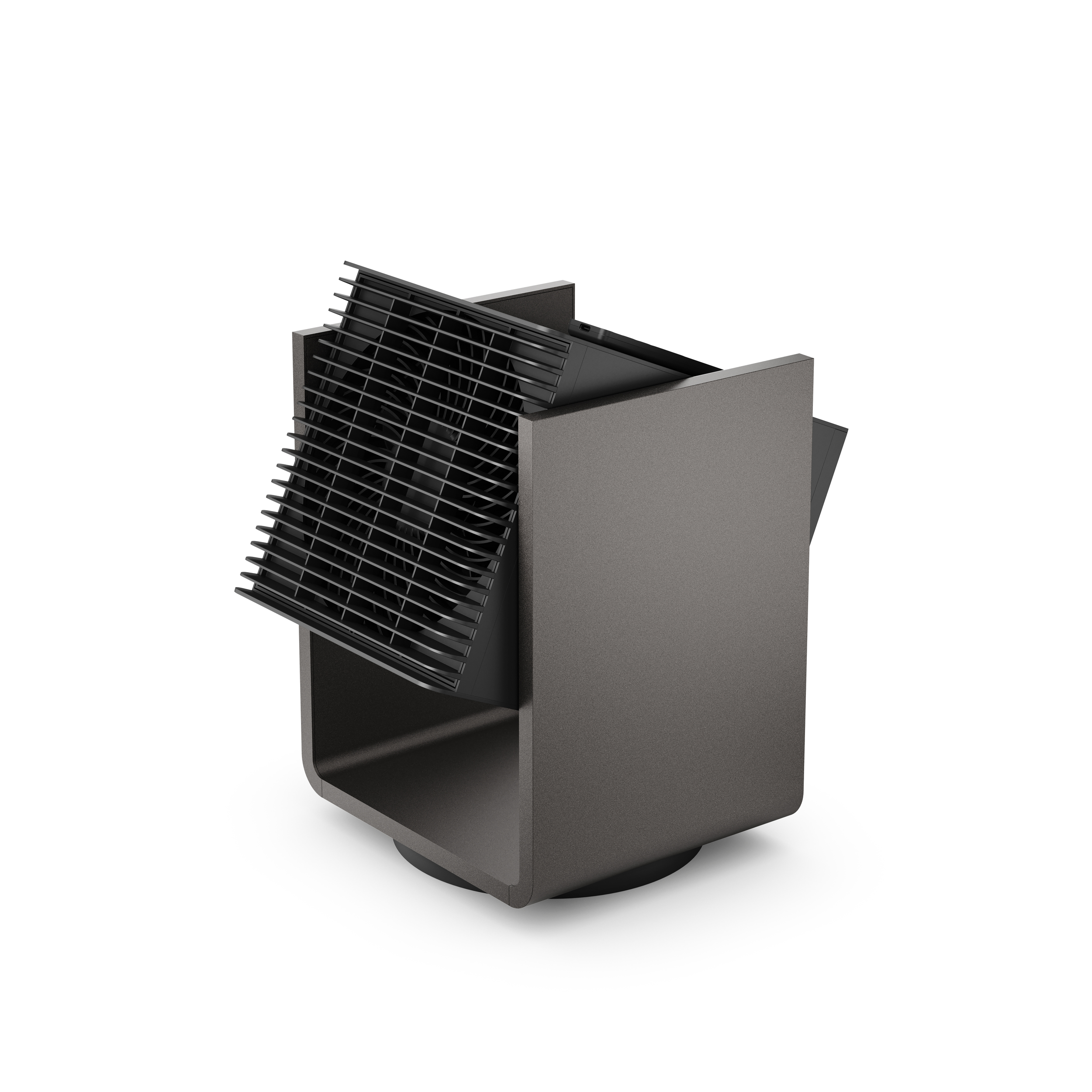 Un elettrodomestico a forma di ventaglio nero e grigio.