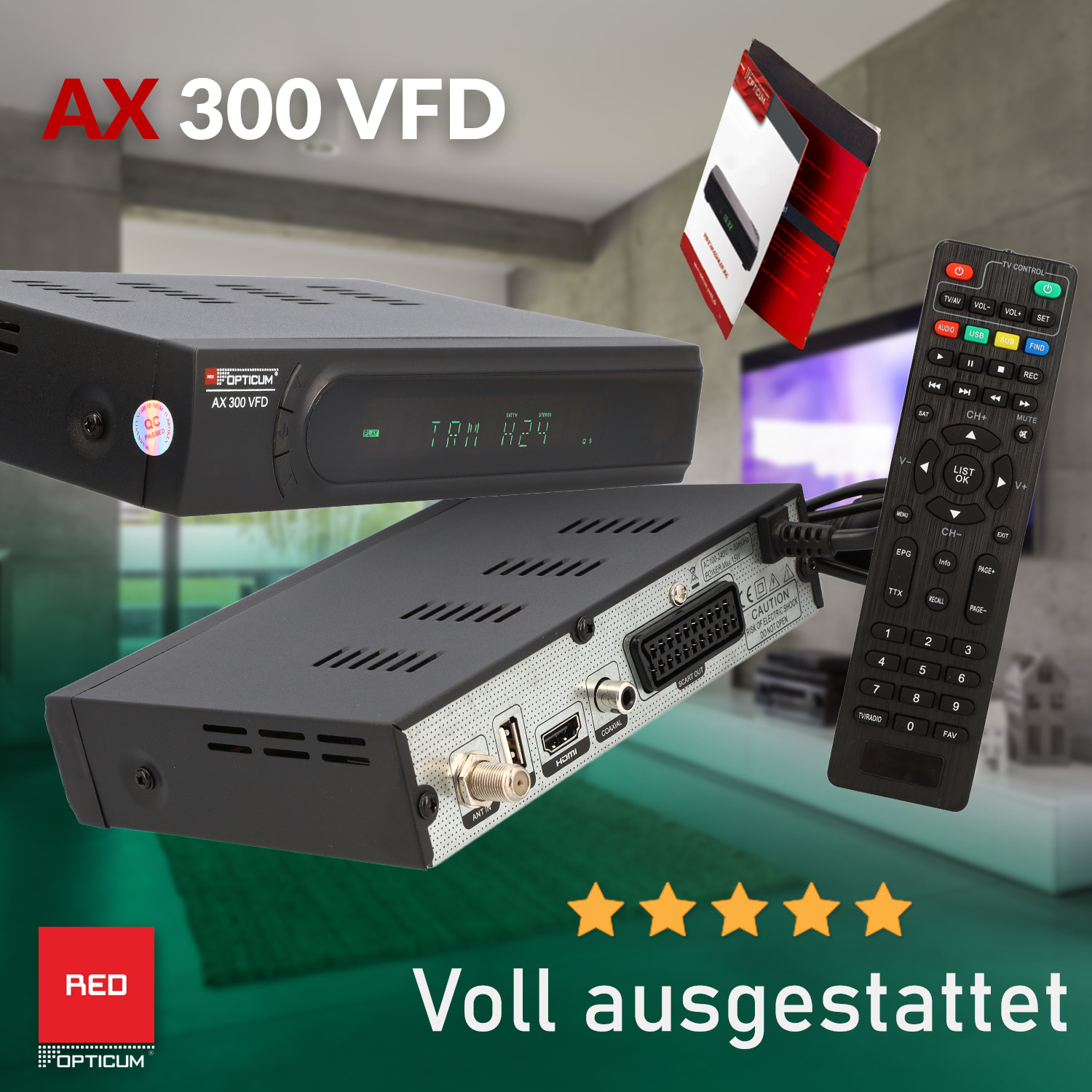 Schwarze Set-Top-Box, Fernbedienung und Zubehör, mit Text und Sternen.
