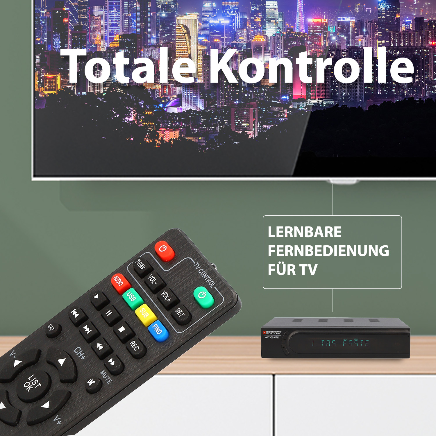 Eine Fernbedienung und eine TV-Set-Top-Box. Text: Totale Kontrolle und lernbare Fernbedienung für den Fernseher.