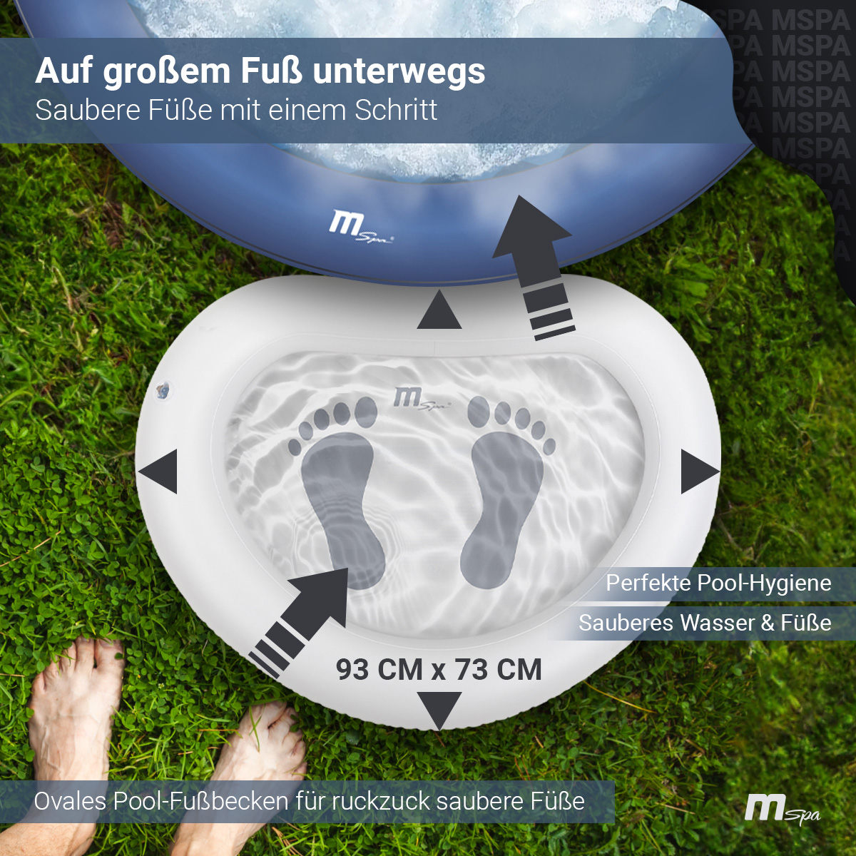 Ein Pool-Fußreiniger zeigt Fußabdrücke, mit Pfeilen und Text, die die Funktion des Reinigers angeben.