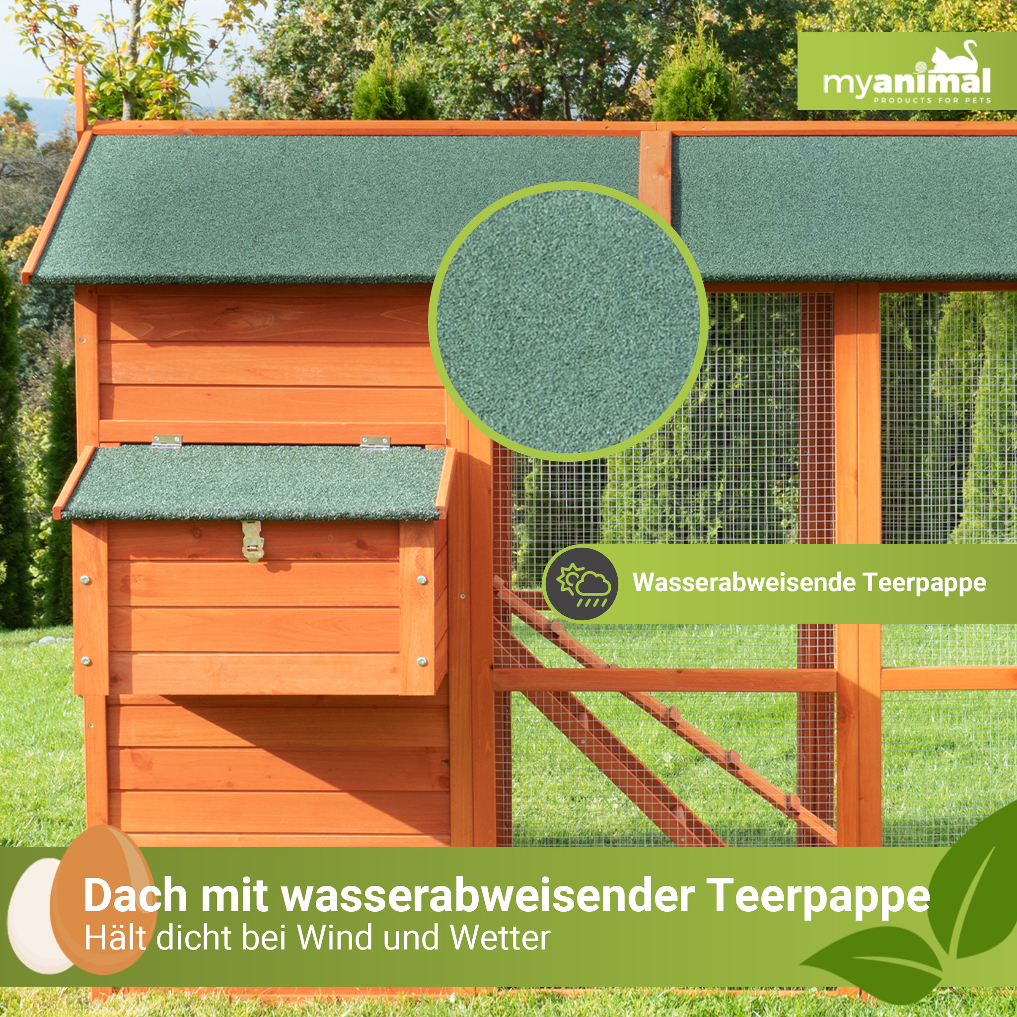 Hühnerstall aus Holz mit grünem Dach, Illustration und Text über wasserdichte Bedachung.
