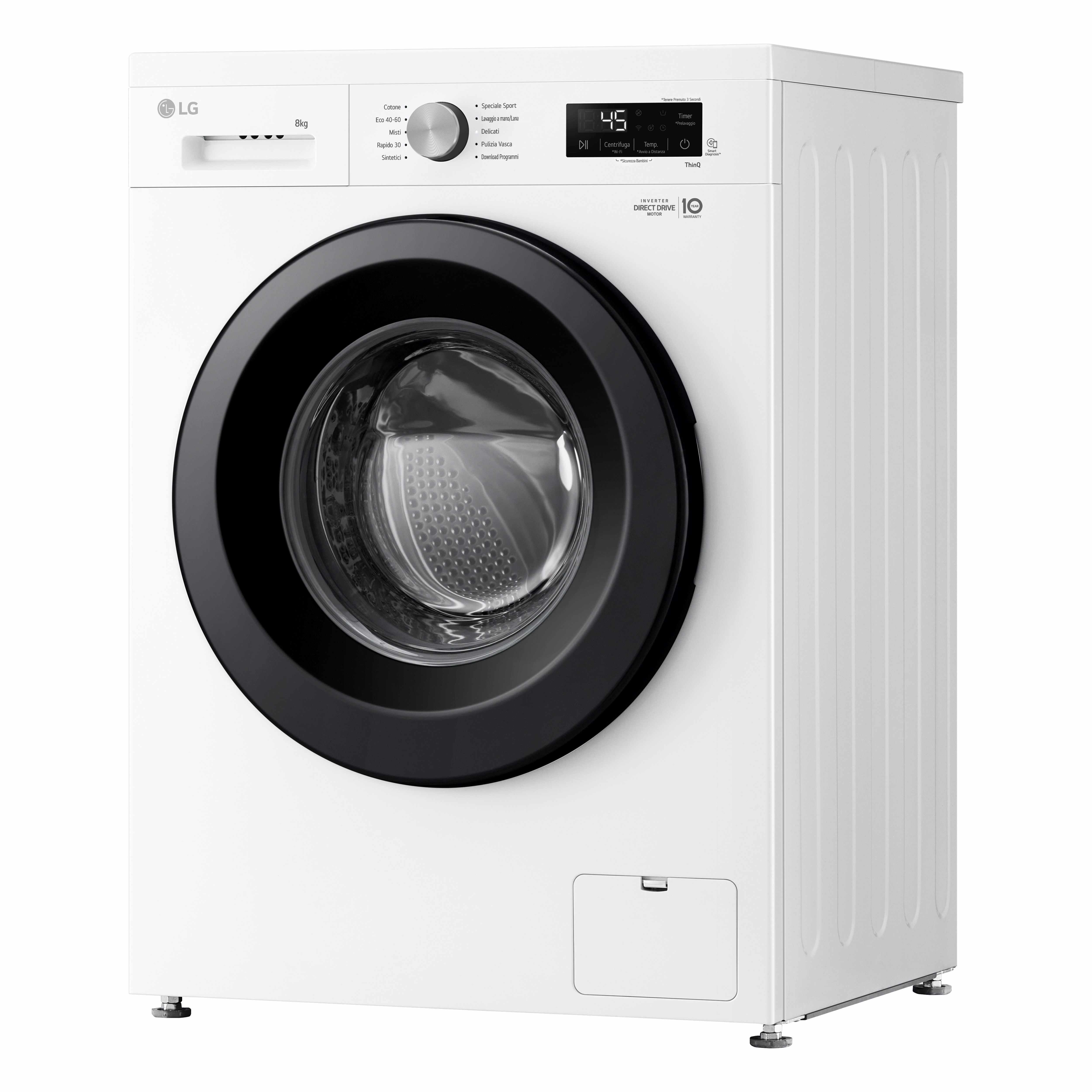 Una lavatrice LG bianca, con porta nera, su sfondo bianco.