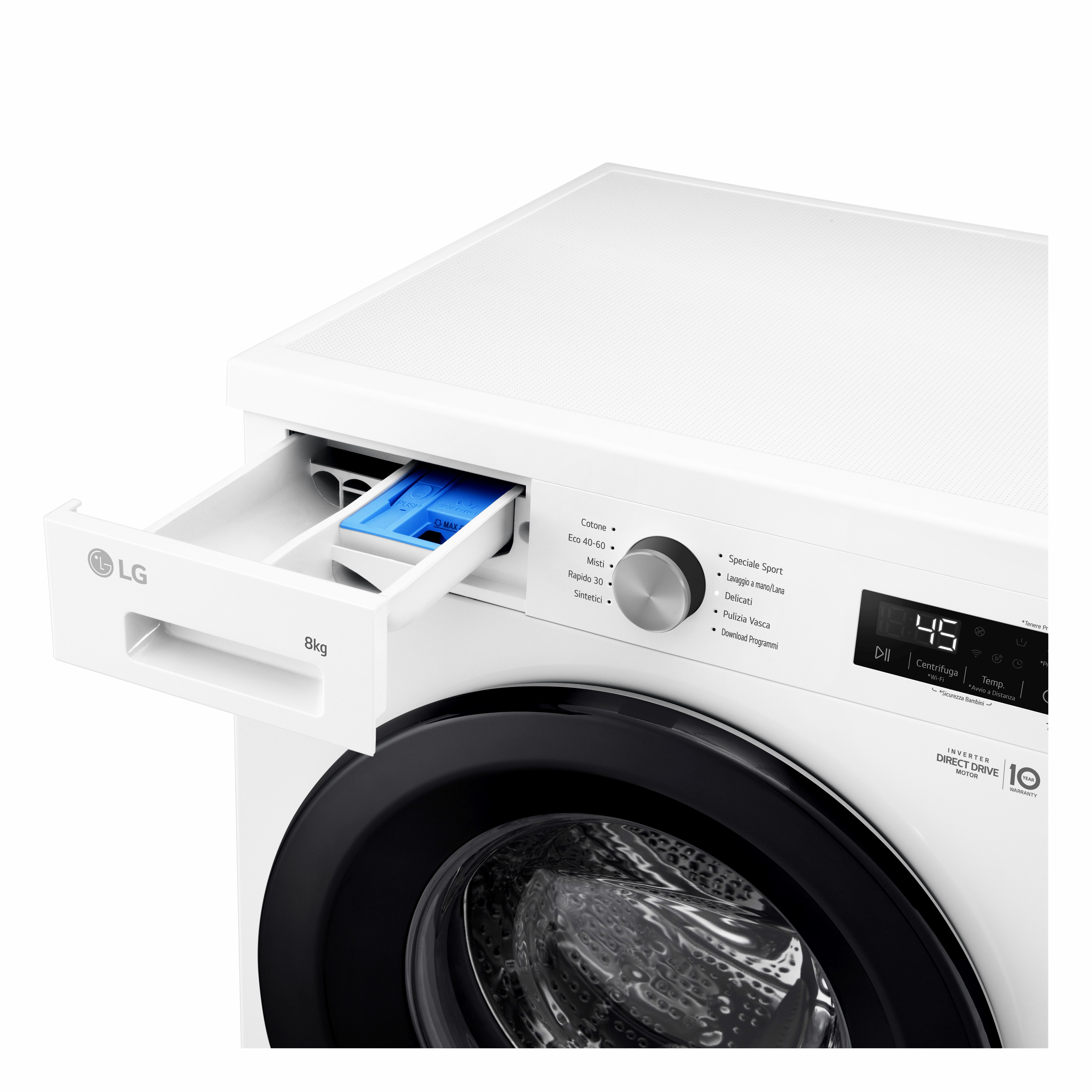 Lavatrice bianca con cassetto aperto, mostra un dosatore di sapone blu.