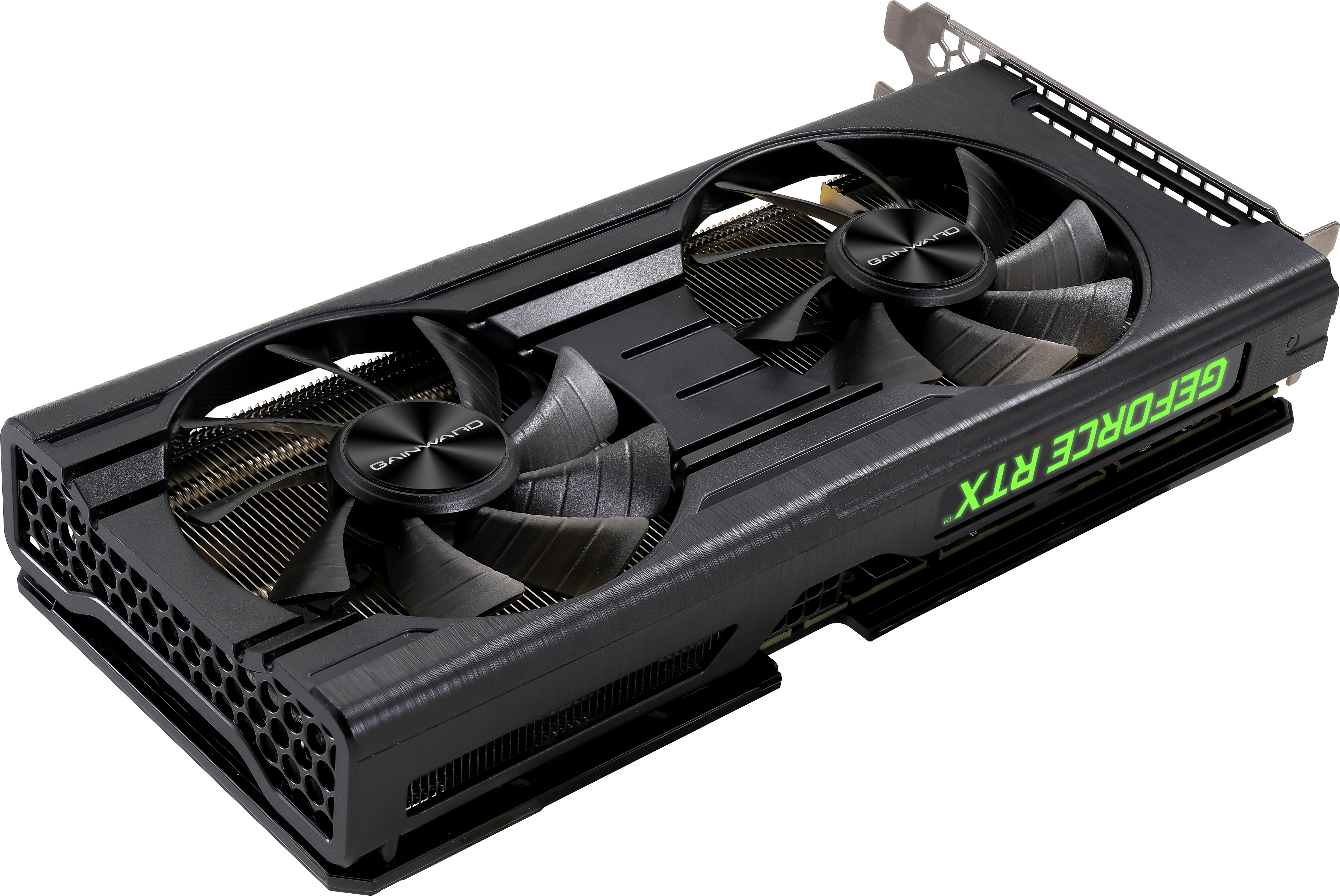 Scheda grafica con due ventole e la scritta 'GEFORCE RTX' in verde.