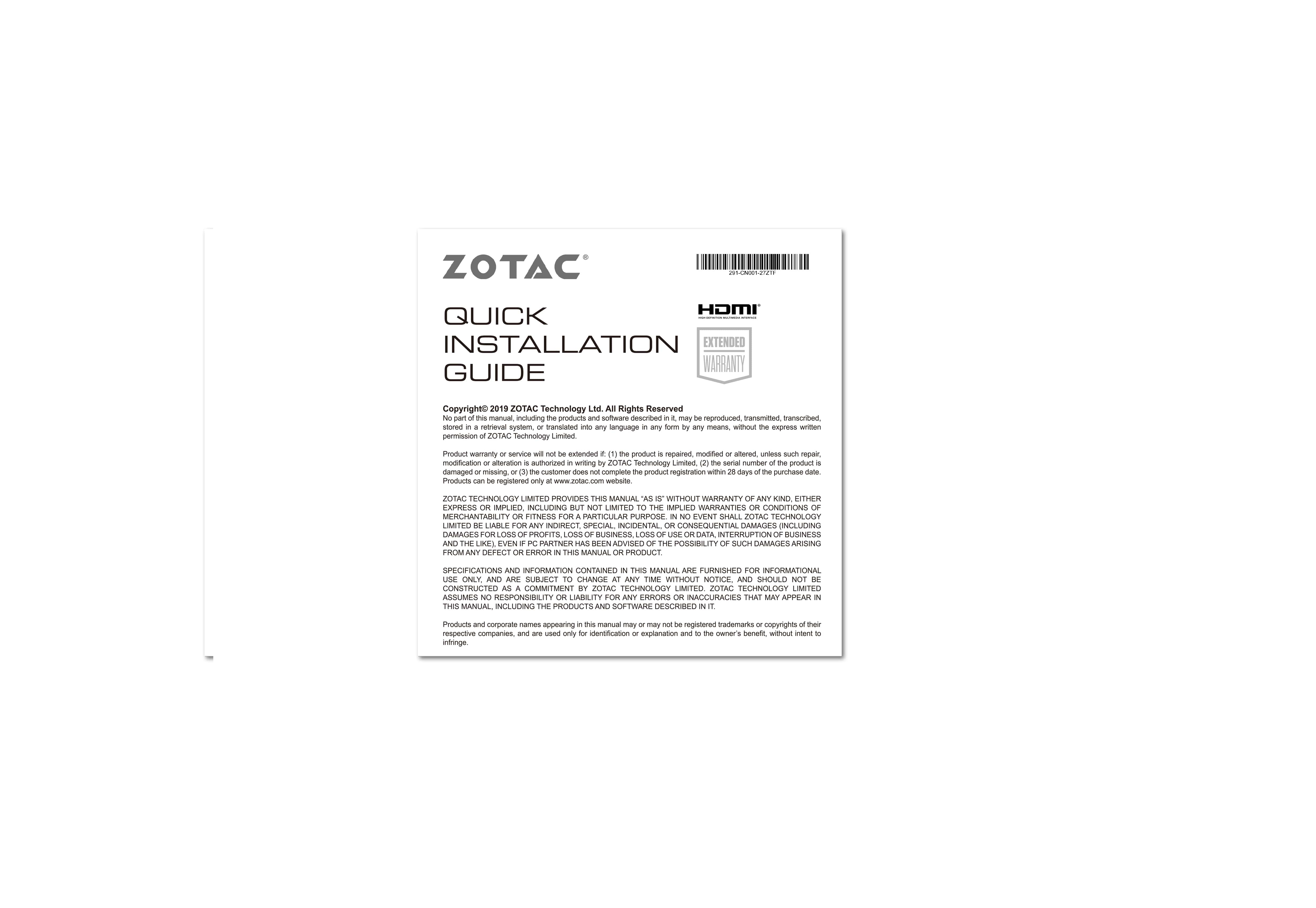 Eine ZOTAC-Schnellinstallationsanleitung. Das Cover ist weiß mit dem ZOTAC-Logo und etwas Text.