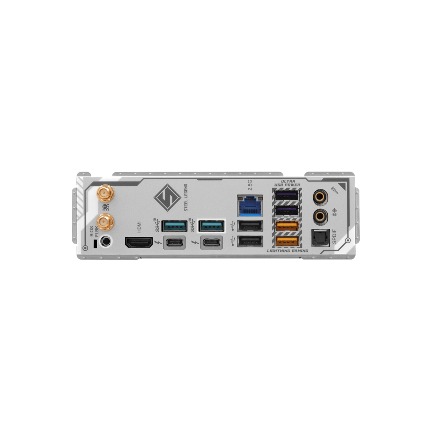 Widok tylnego panelu płyty głównej, z portami i połączeniami.