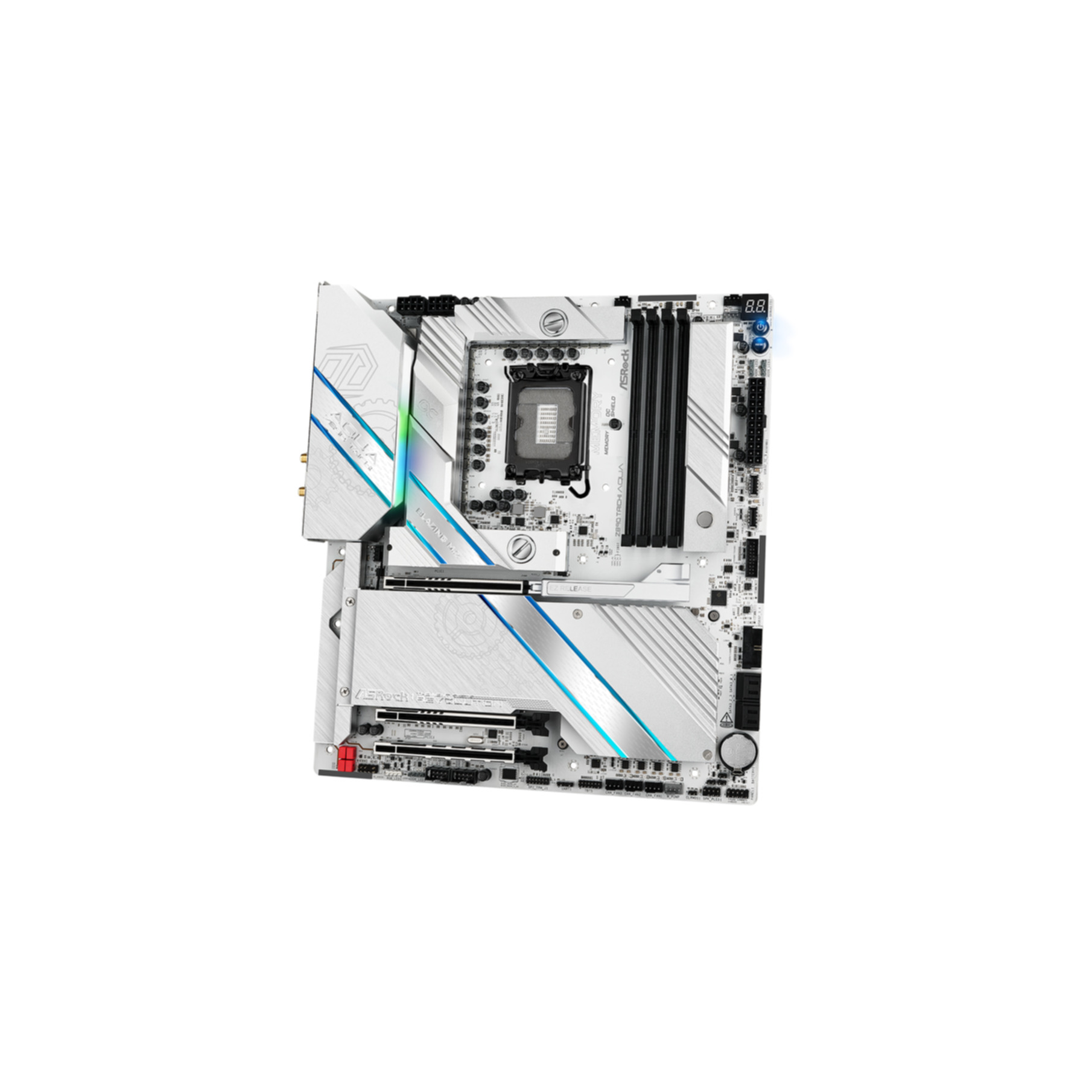 Biała i srebrna płyta główna, widok z góry. Płyta ma różne gniazda, gniazdo procesora i porty. Białe tło.