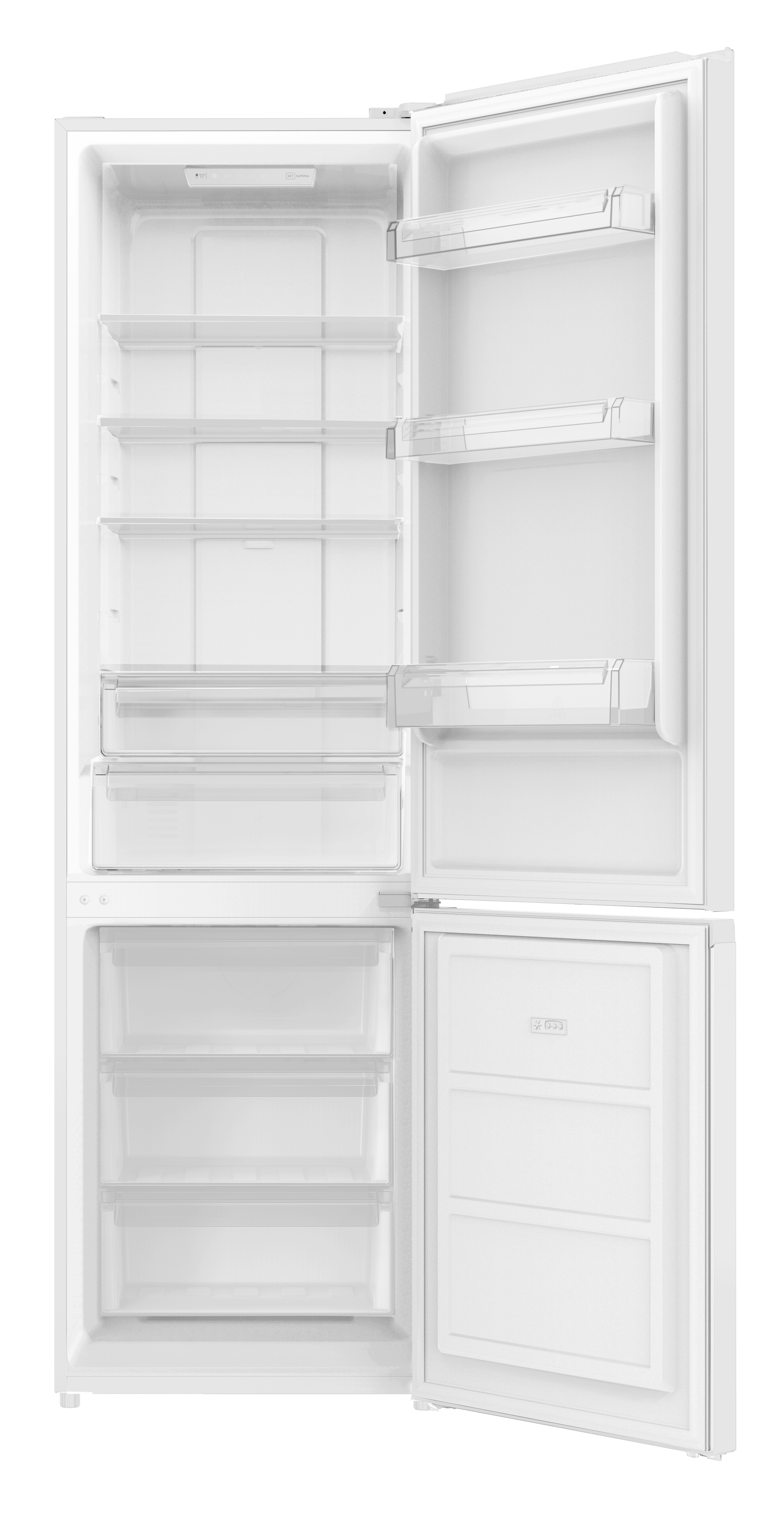 Refrigerador blanco abierto. Se ven estantes. El congelador está abierto. Aislado sobre fondo blanco.