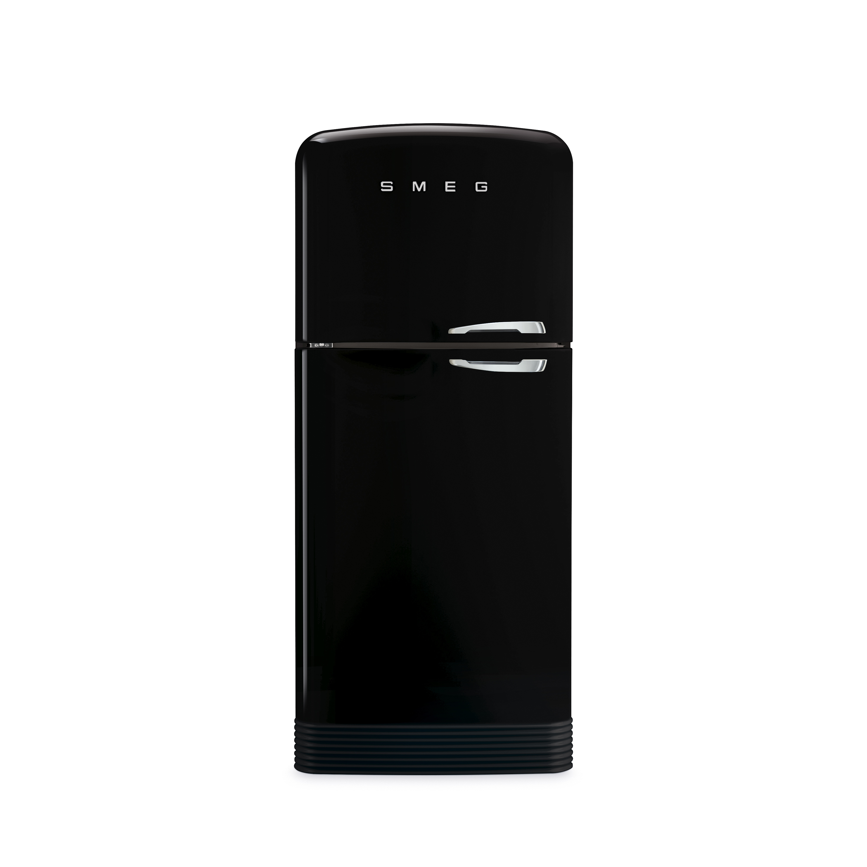 Un frigorífico Smeg negro con un asa cromada y fondo blanco.