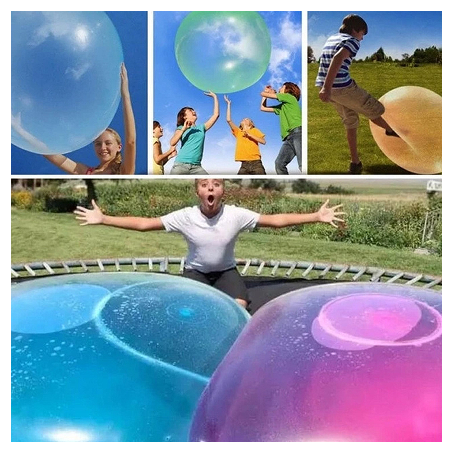 Dos niños jugando en un parque acuático azul con chorros de agua.