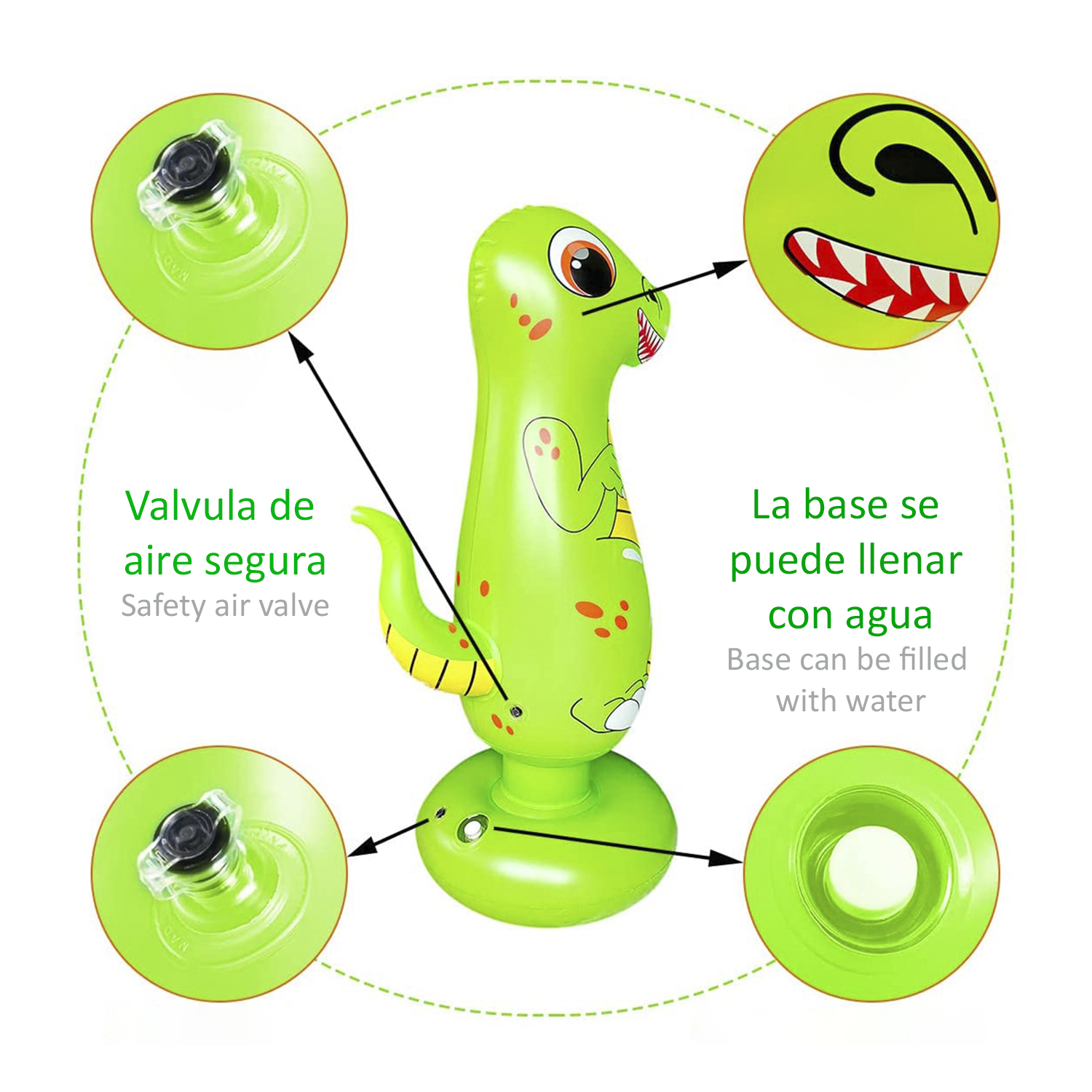 Juguete inflable de dinosaurio verde con válvulas de aire y una base para llenar con agua.
