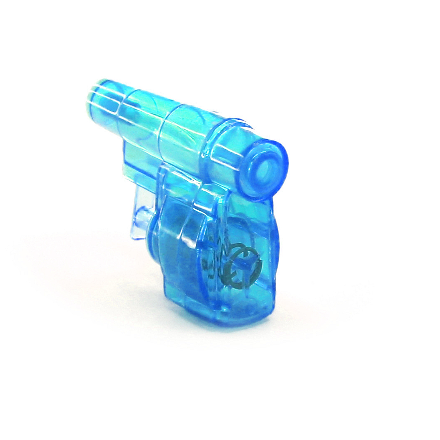 Se muestra una pequeña pistola de juguete azul sobre un fondo blanco, vista lateral.