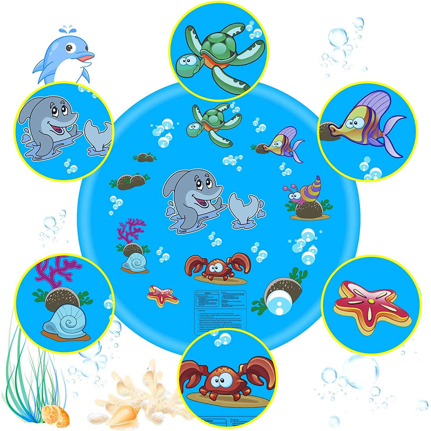 Un tappeto blu con creature marine dei cartoni animati e bolle.