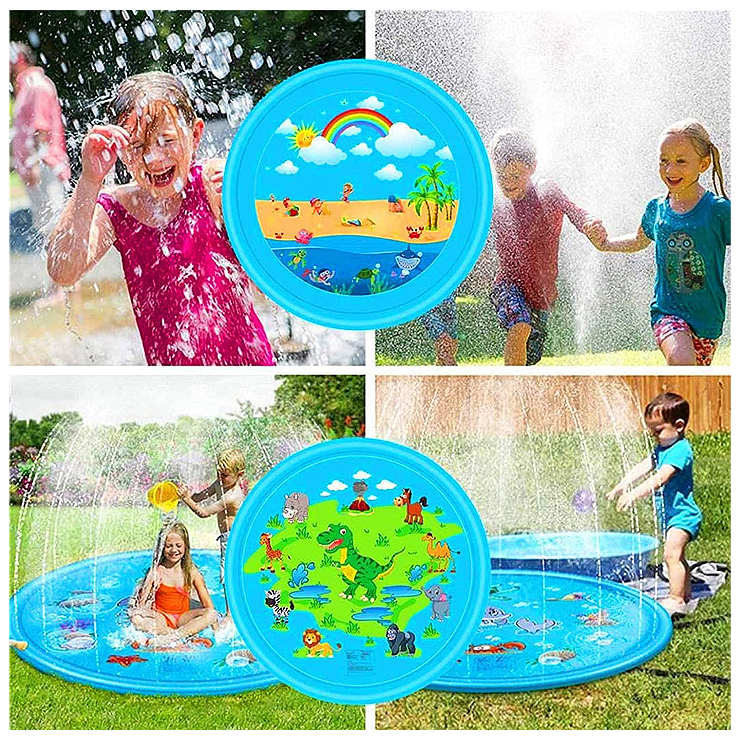 Bambini che giocano con l'acqua in un'area giochi blu con un design colorato e fontane d'acqua.