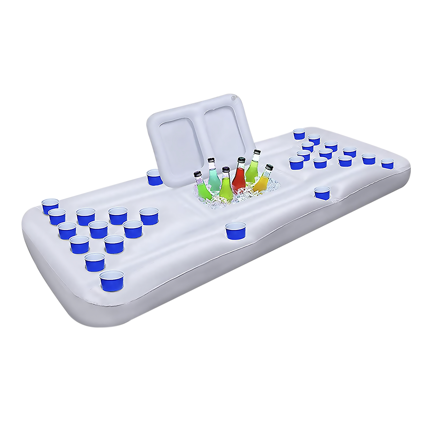Flotador de piscina inflable blanco con portavasos y nevera, lleno de bebidas.