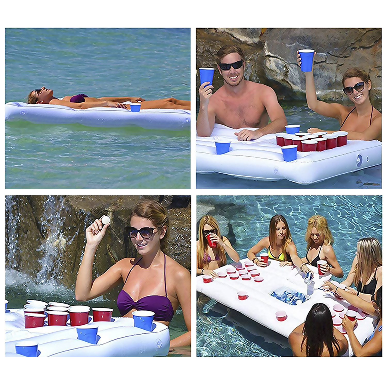 Cuatro imágenes que muestran a personas jugando beer pong en una piscina. Llevan gafas de sol y trajes de baño.