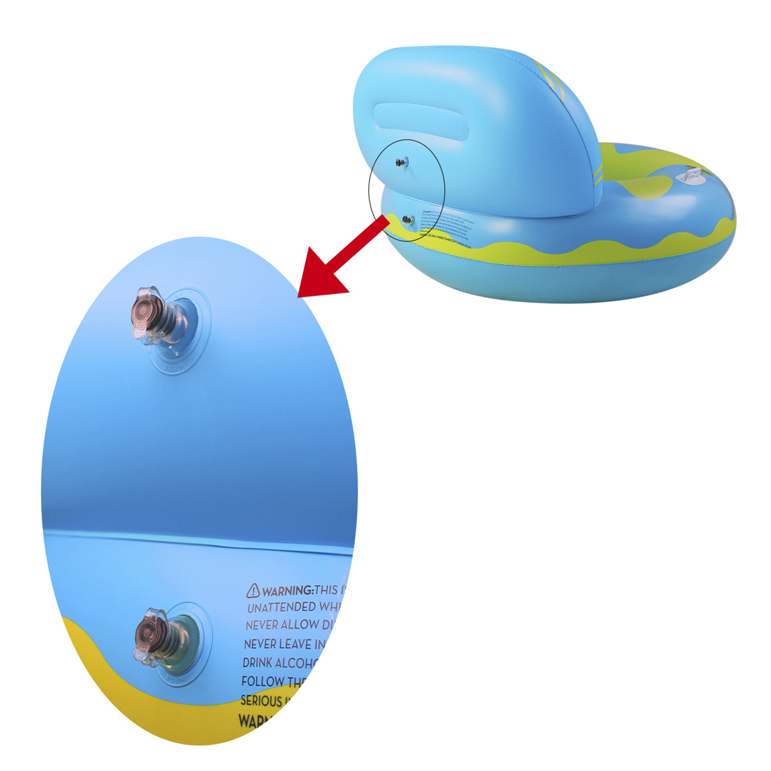 Silla inflable azul con un primer plano de una válvula. Una flecha roja apunta a la válvula.