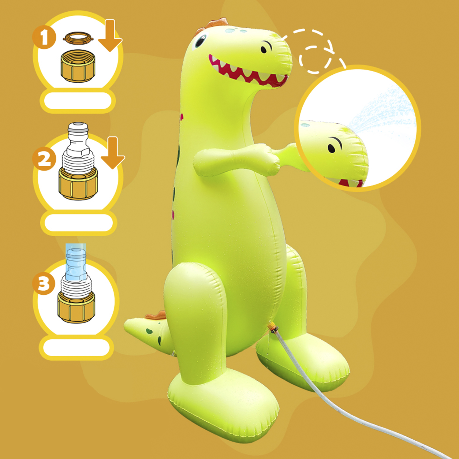 Un juguete inflable de dinosaurio verde con agua saliendo de su boca.