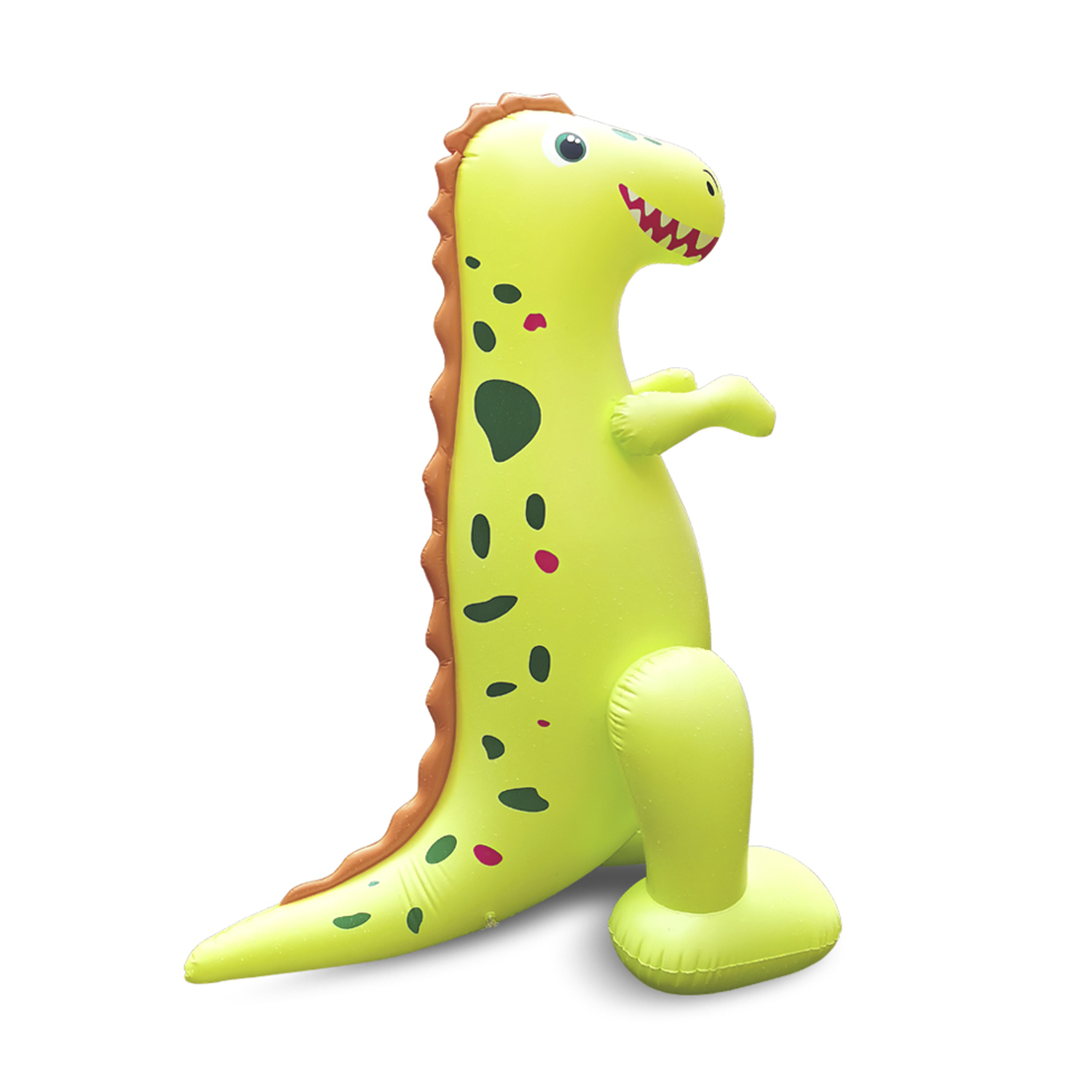 Un dinosaurio inflable verde con púas y manchas rojas, de pie sobre una superficie blanca.