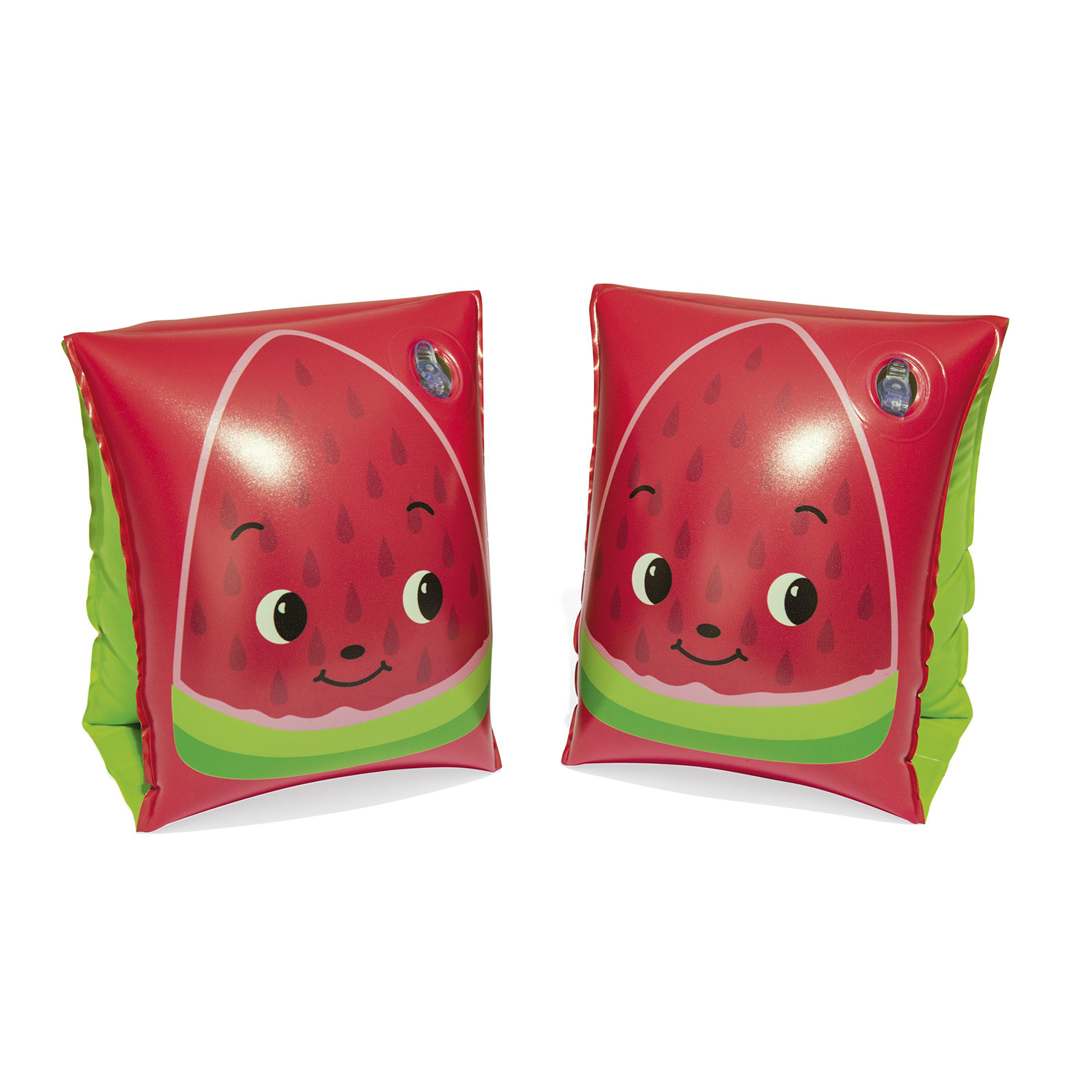 Due braccioli a forma di anguria rossa e verde, con facce sorridenti.