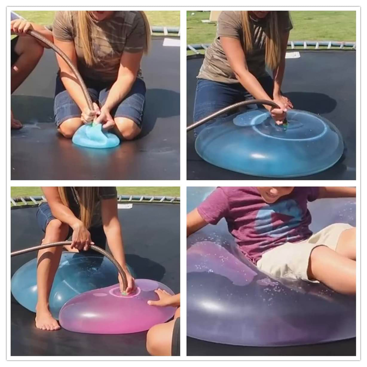 Cuatro imágenes de personas inflando juguetes de burbujas llenos de agua azul y rosa en un trampolín.