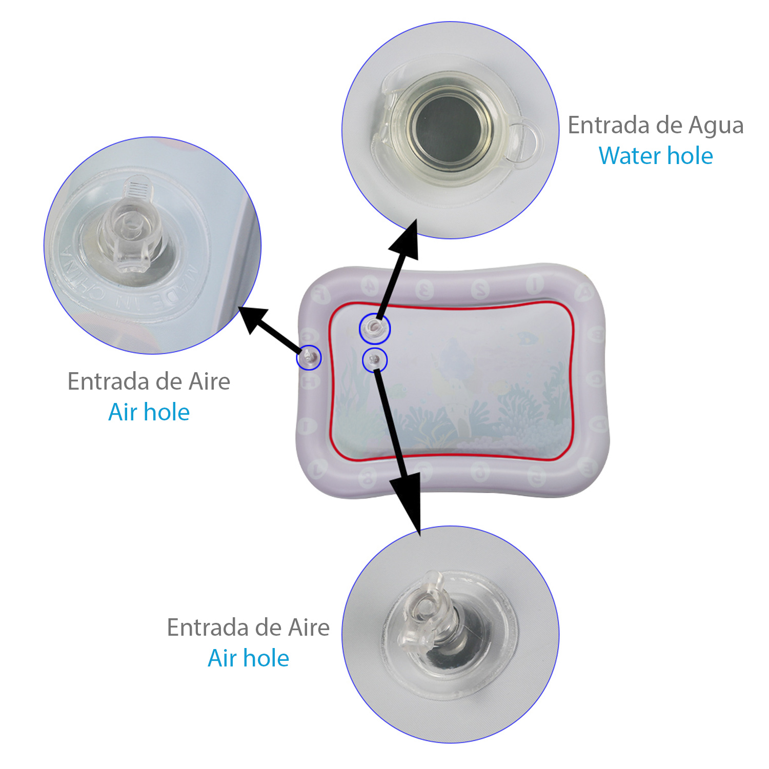 Tappeto gioco gonfiabile ad acqua, con fori per aria e acqua, e immagini.