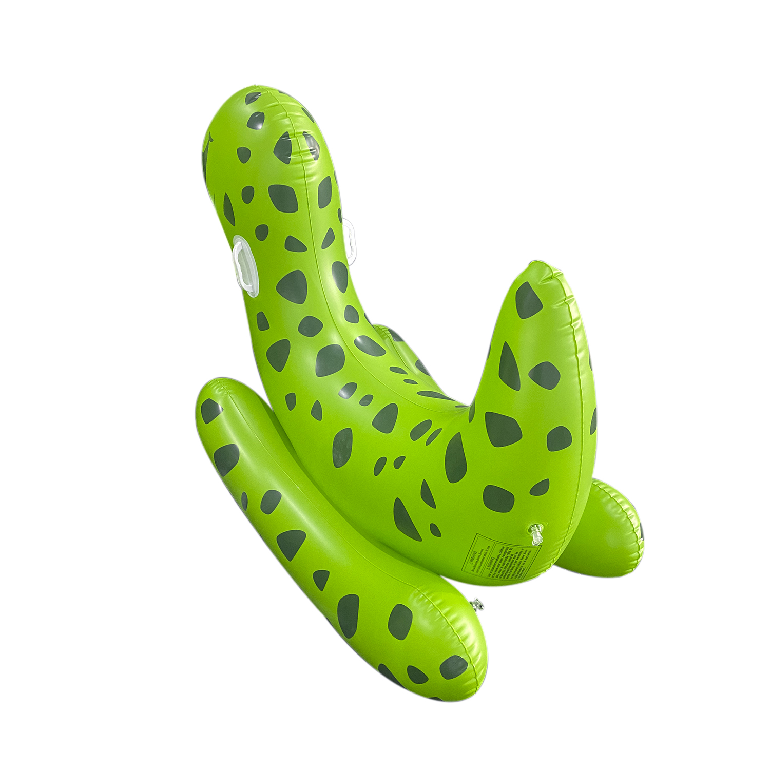 Rana inflable verde balancín con manchas negras sobre fondo blanco.