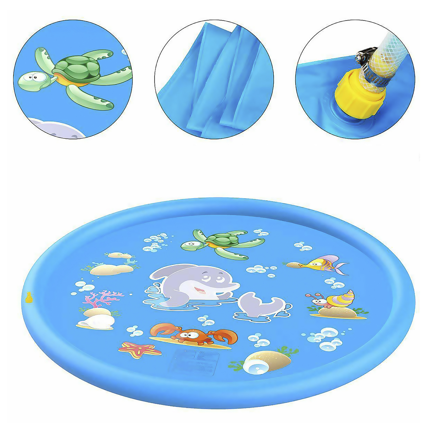 Una piscina inflable azul con criaturas marinas. Incluye tres insertos en primer plano.