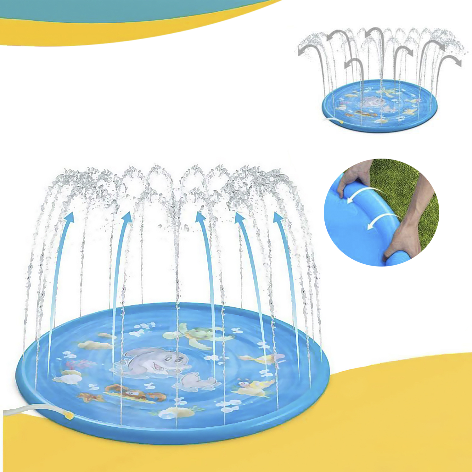 Alfombra de chapoteo azul con chorros de agua. Fondo de hierba verde. Imágenes adicionales.