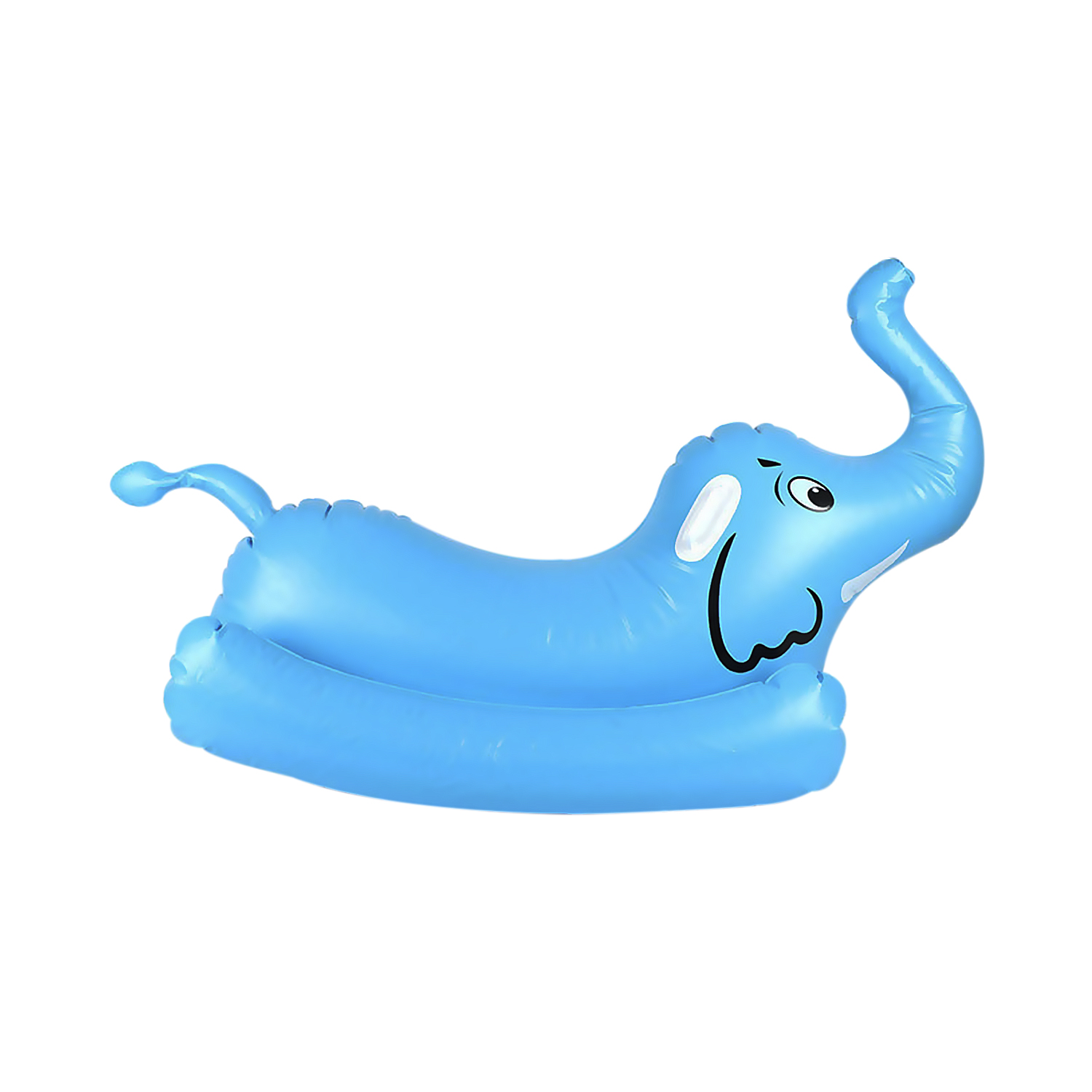 Un juguete inflable de elefante azul con trompa y cara sonriente sobre fondo blanco.