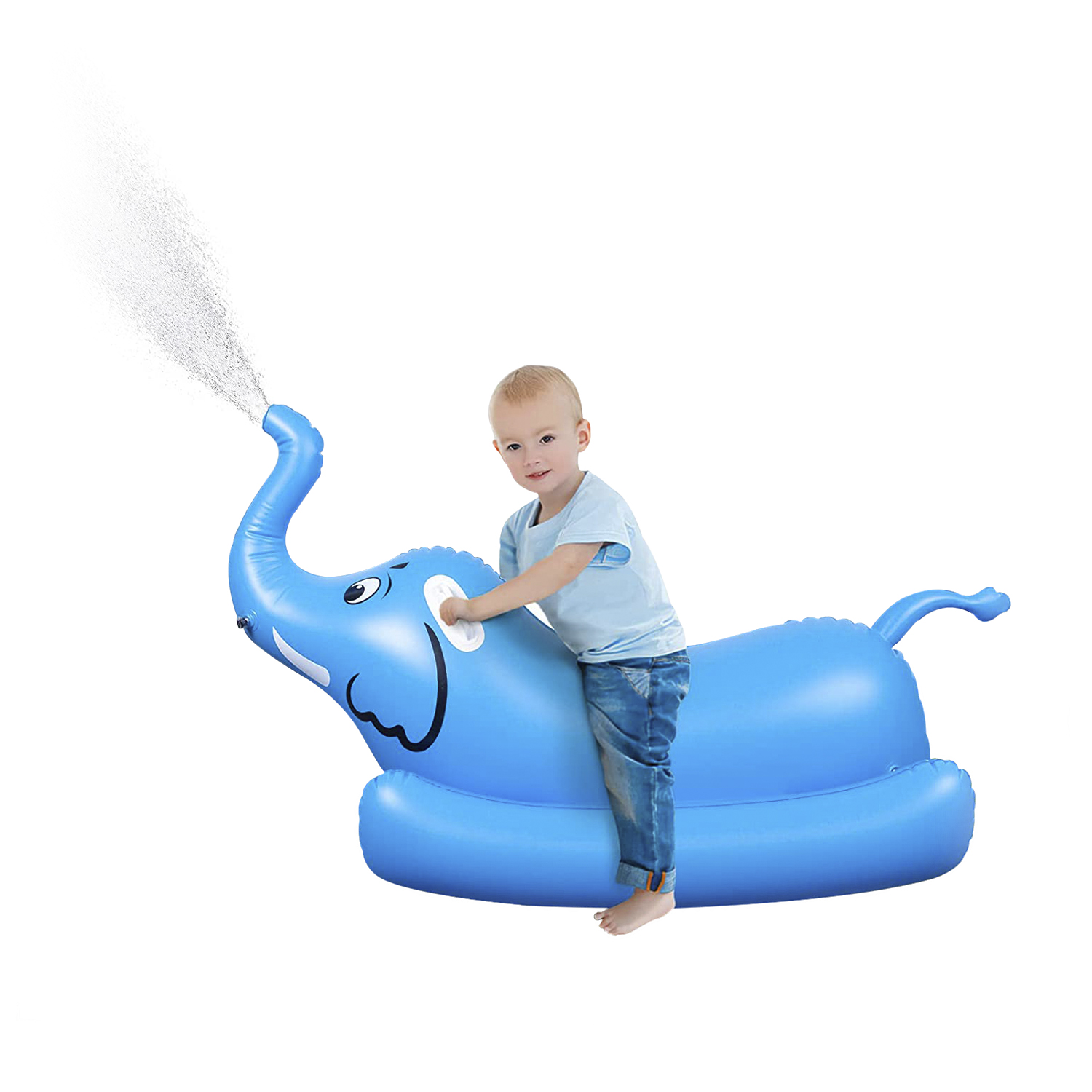 Un niño en un elefante inflable azul, rociando agua por su trompa.