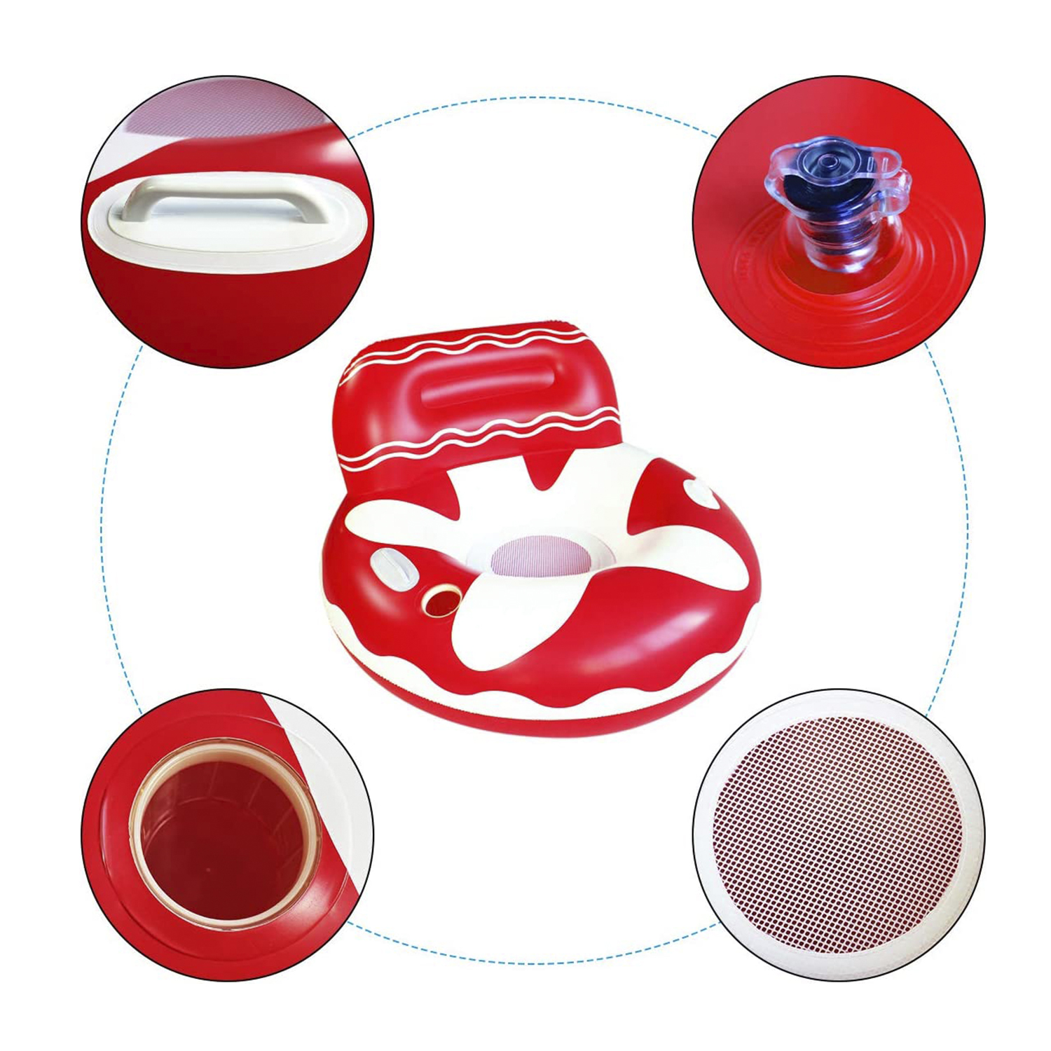 Primer plano de un flotador de piscina inflable rojo y blanco con detalles.