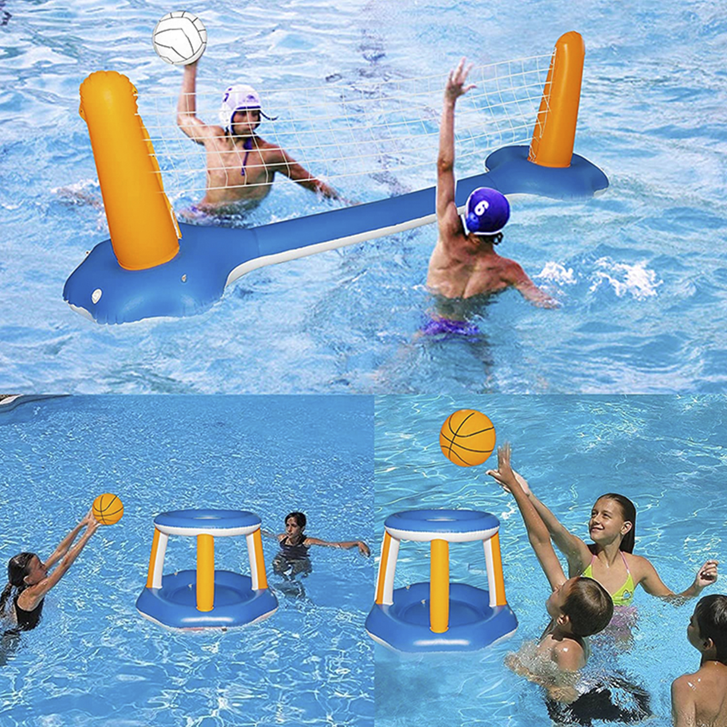 Due squadre giocano a pallavolo acquatica in piscina. Uno con la rete.