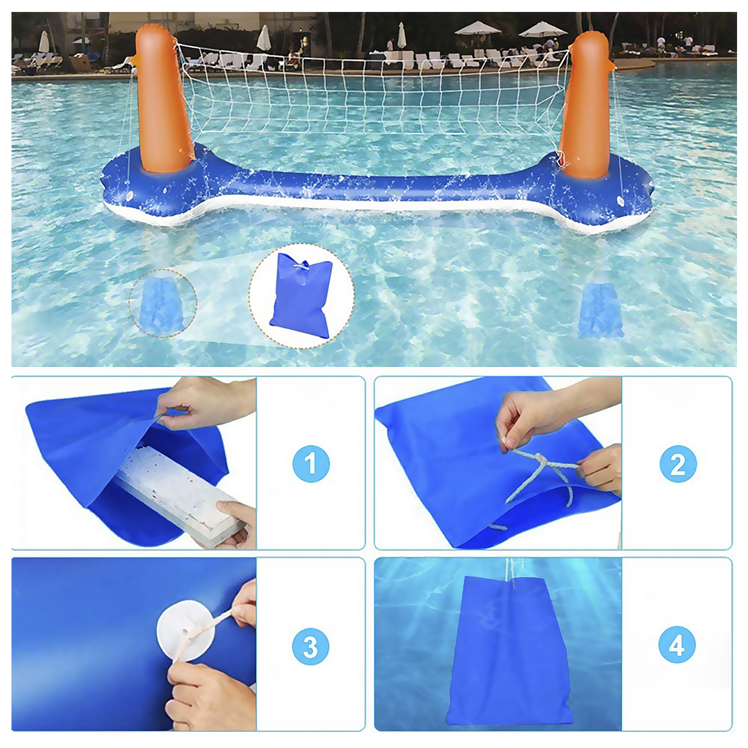 Giocattolo per piscina con rete, istruzioni per riempire i sacchi d'acqua per stabilizzare.