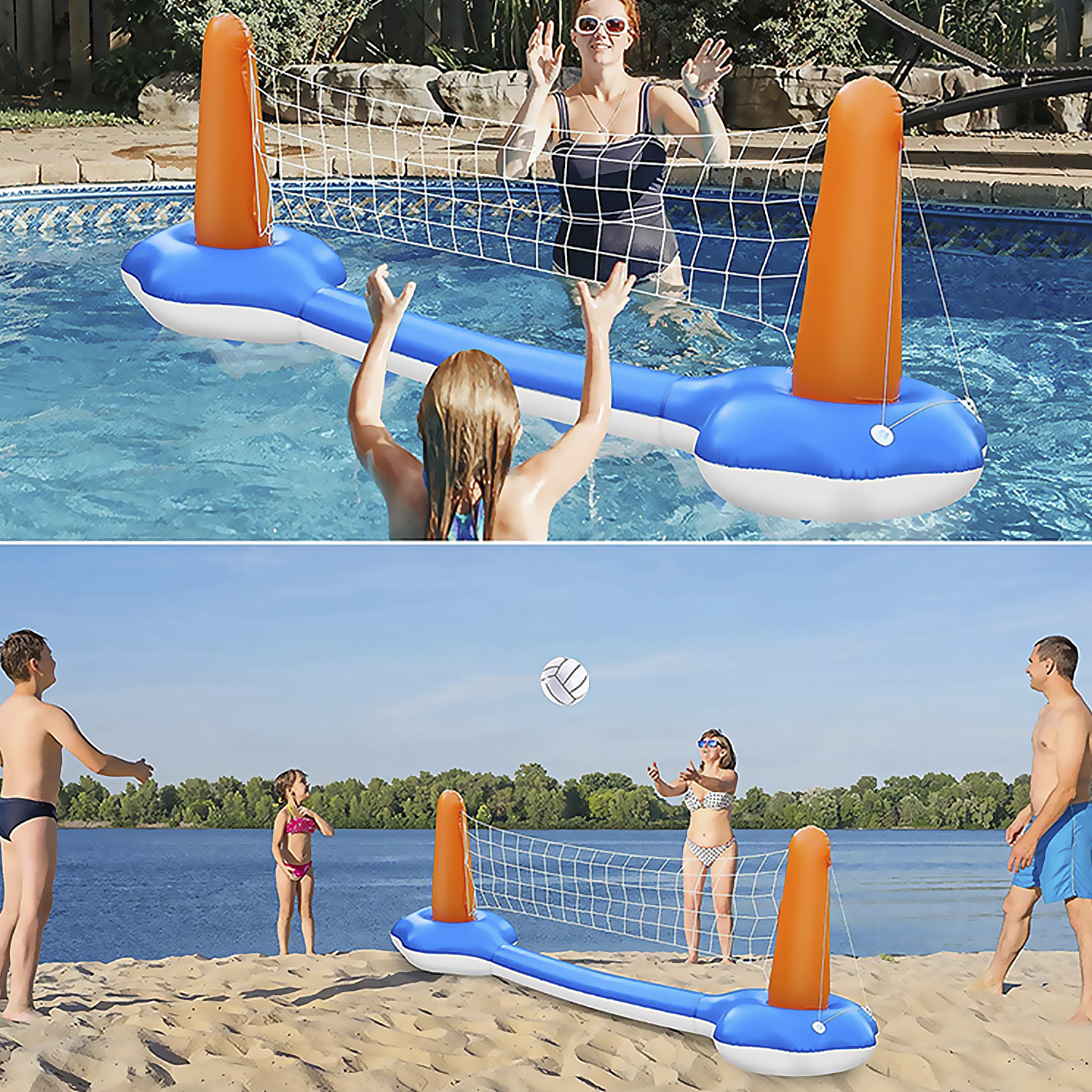 Rete da pallavolo gonfiabile in piscina con giocatori e sulla spiaggia con giocatori.