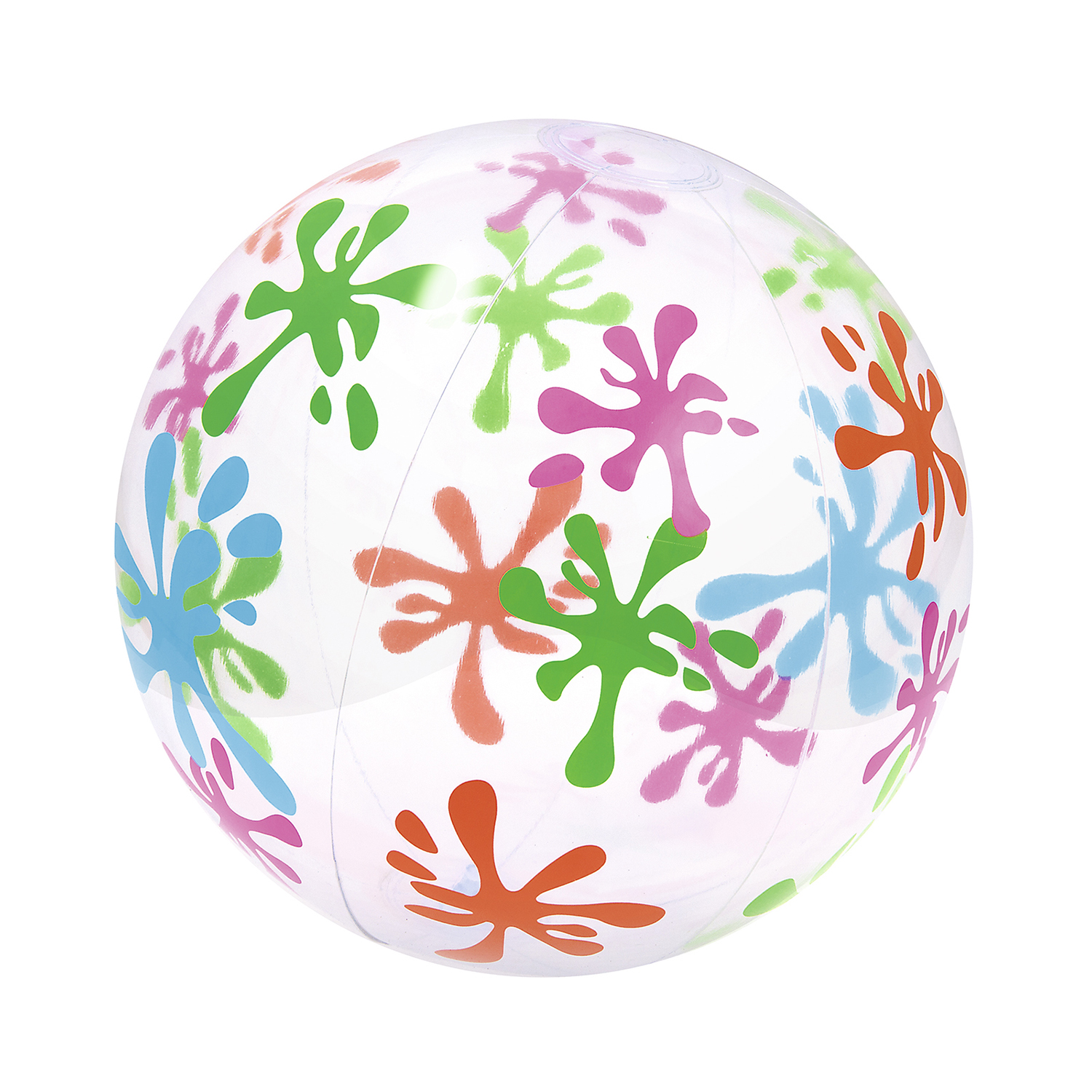Pelota de playa transparente con diseños de salpicaduras coloridas.