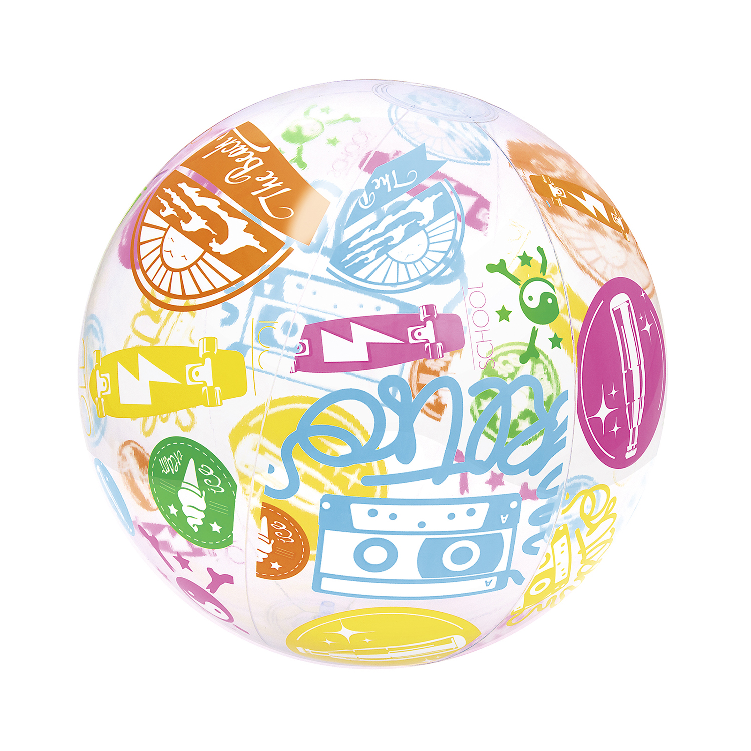 Pelota de playa inflable con gráficos coloridos, incluyendo monopatines, un casete y texto.