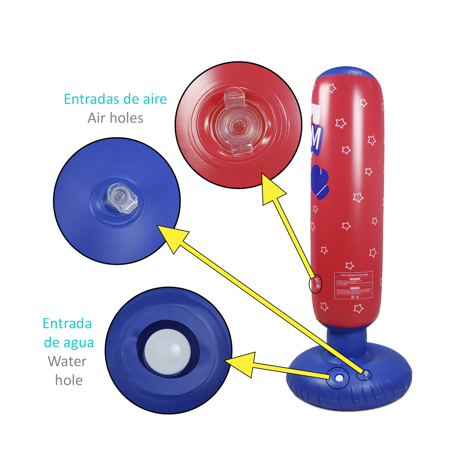 Saco de boxeo inflable rojo con base azul. Detalles de orificios de aire y agua. Fondo blanco.