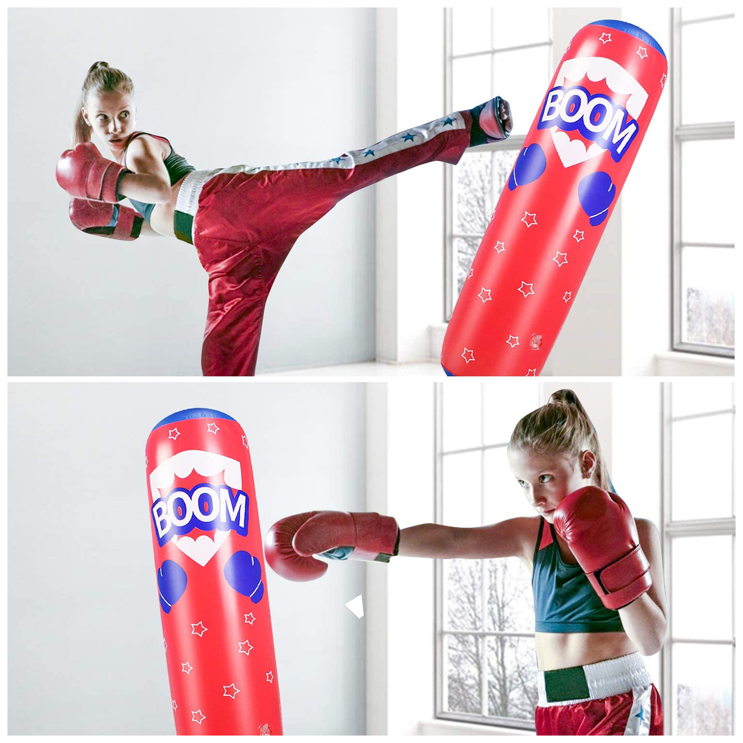 Una niña pateando y golpeando un saco de boxeo rojo con guantes rojos. El saco dice 'BOOM'.