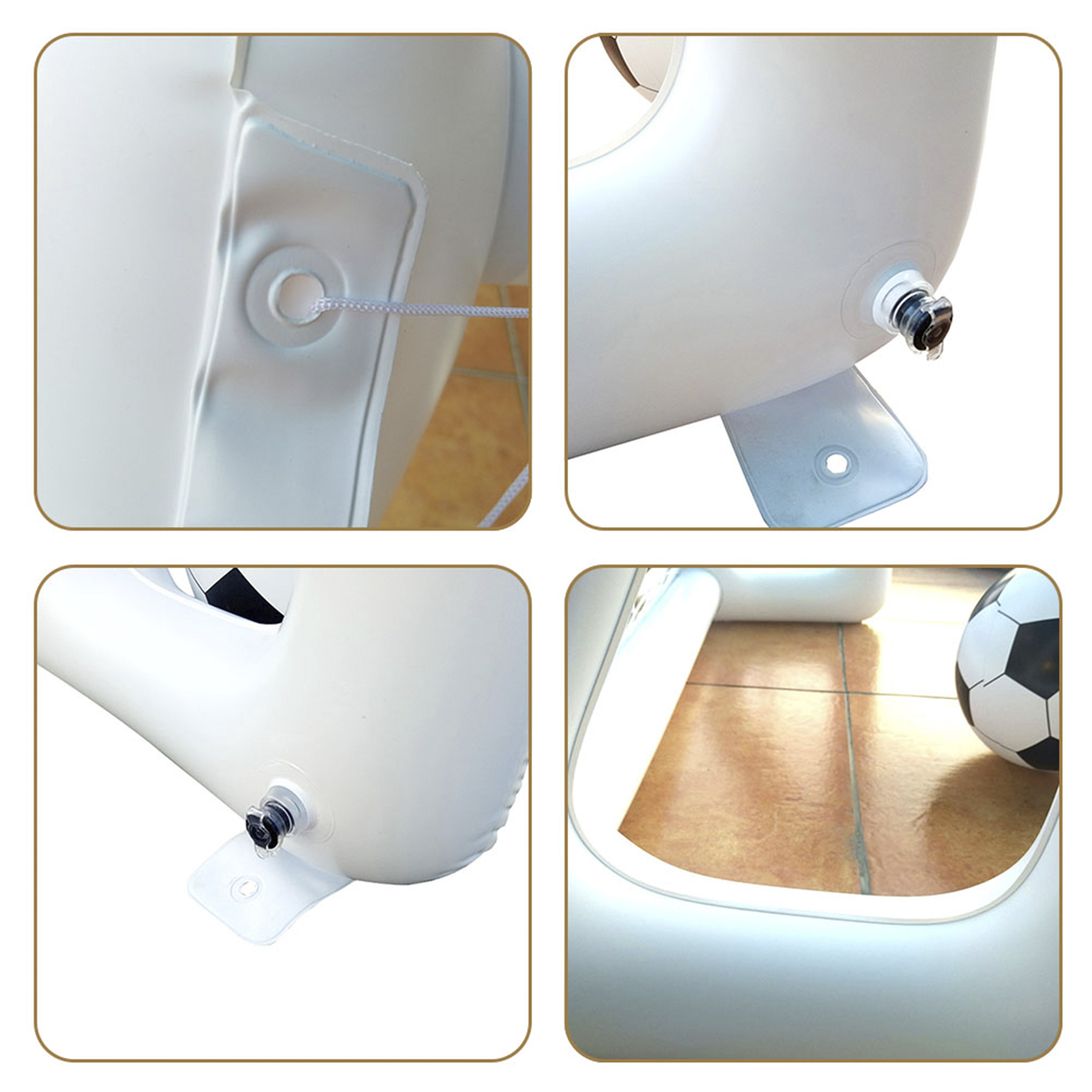 Fotos de cerca de un inflable blanco con detalles como un agujero, una válvula y un balón de fútbol.