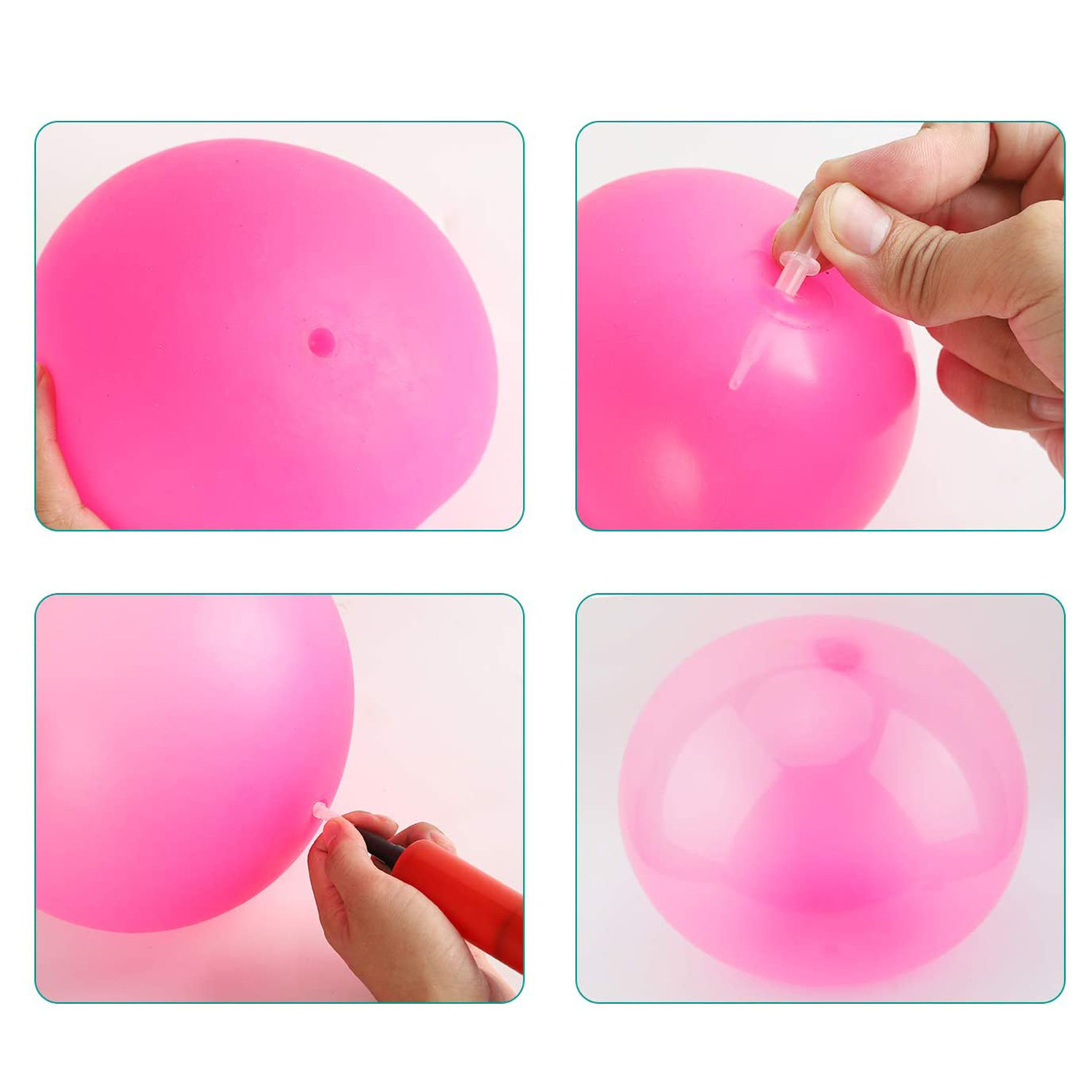 Pasos para inflar un globo rosa. Mano insertando la boquilla, inflando con una bomba y la forma final inflada.