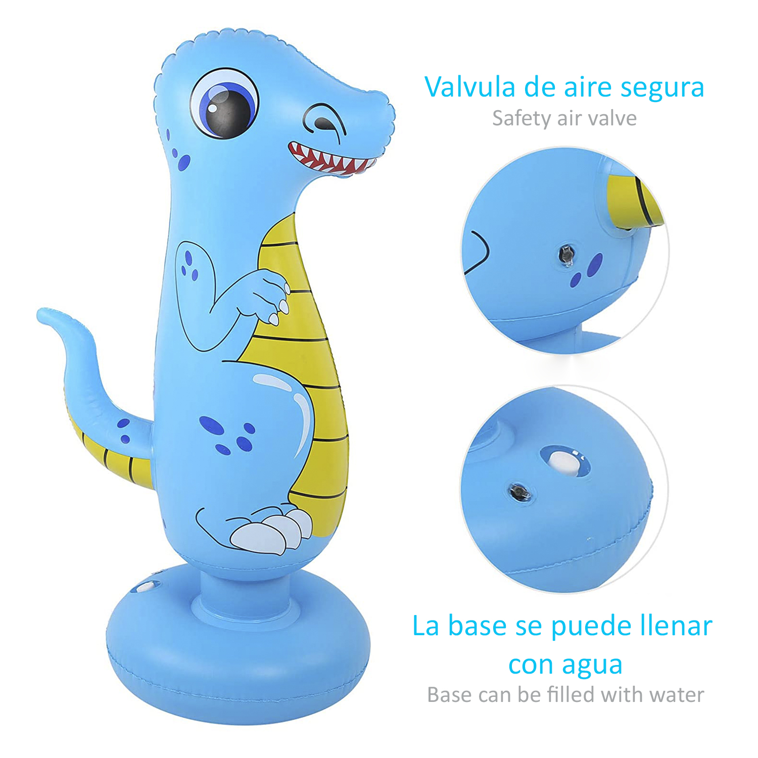 Un juguete inflable de dinosaurio azul con texto que describe sus características.