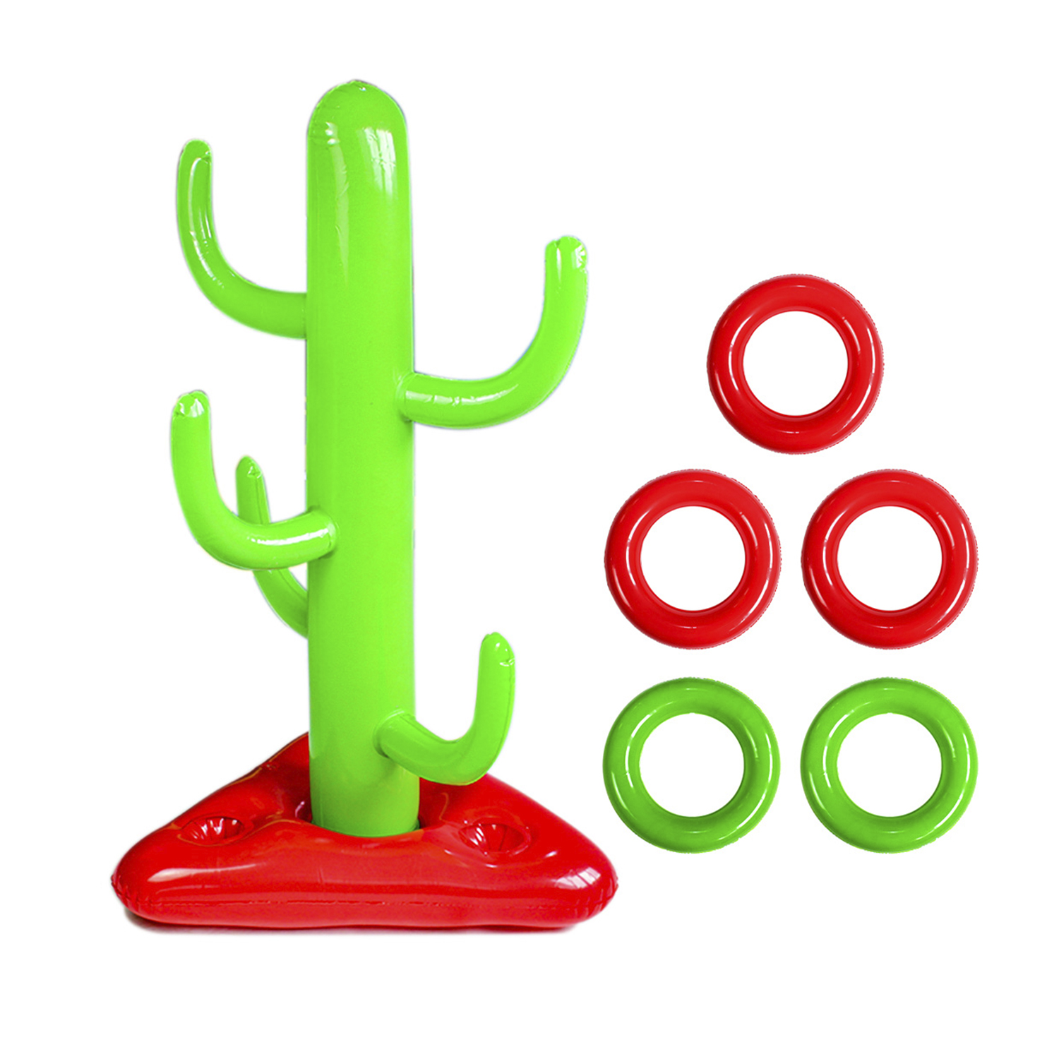 Un juego inflable de lanzamiento de anillos de cactus con elementos verdes y rojos sobre fondo blanco.