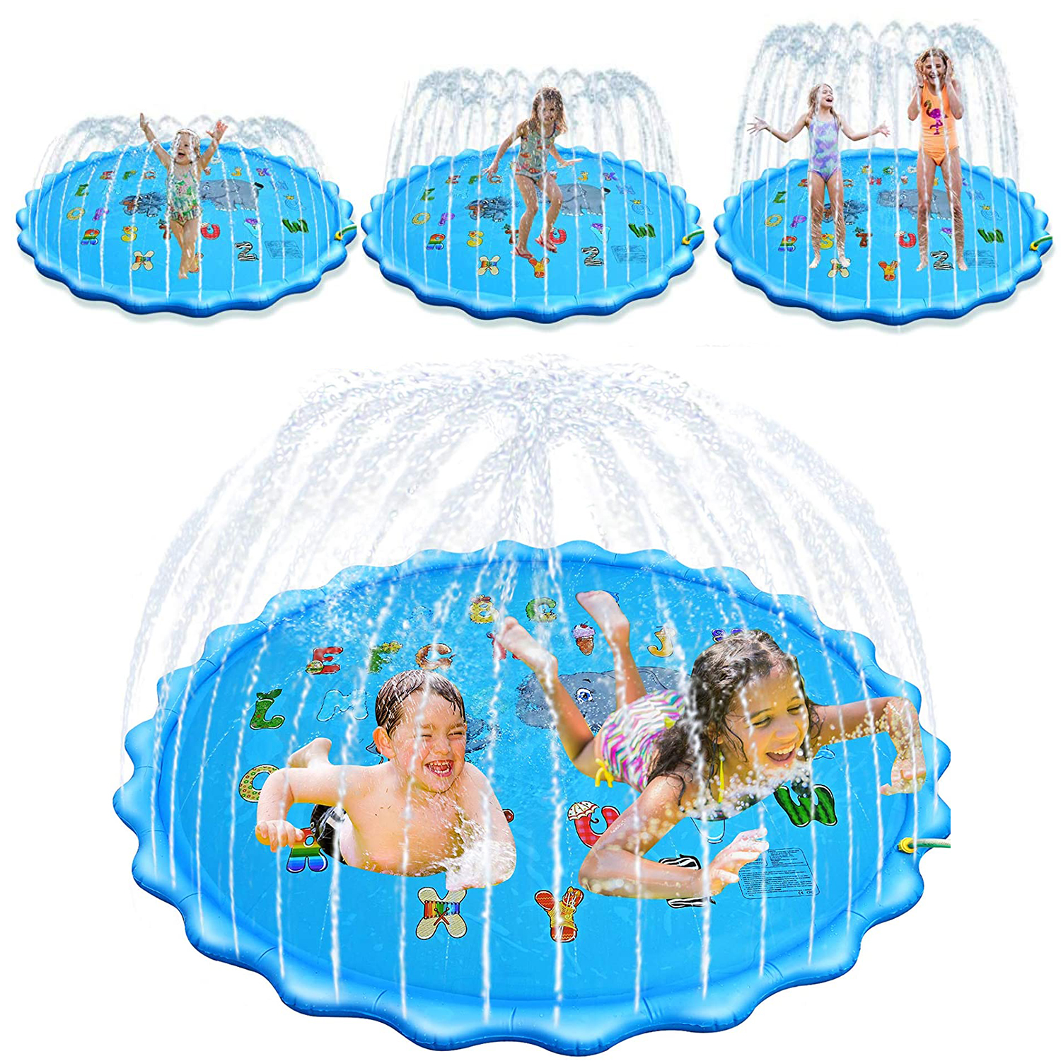 Niños jugando en una plataforma de salpicaduras de agua azul.