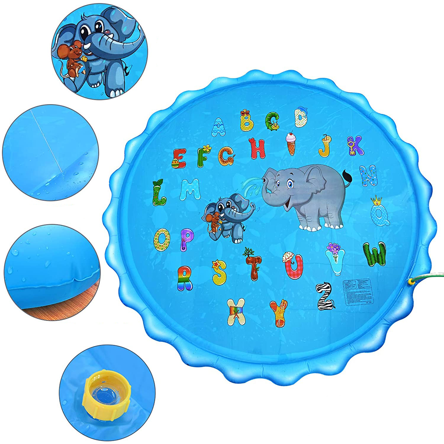 Una alfombra de chapoteo inflable azul con letras, números y una ilustración de elefante.