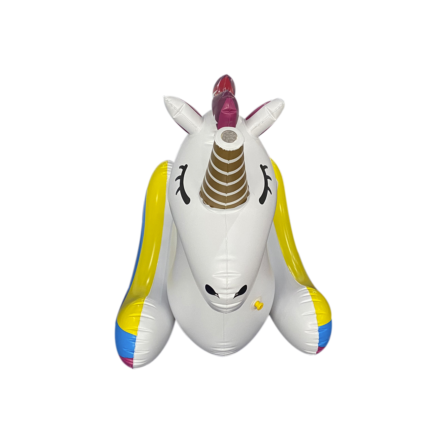Juguete de unicornio inflable, cuerpo blanco, melena arcoíris y cuerno dorado.