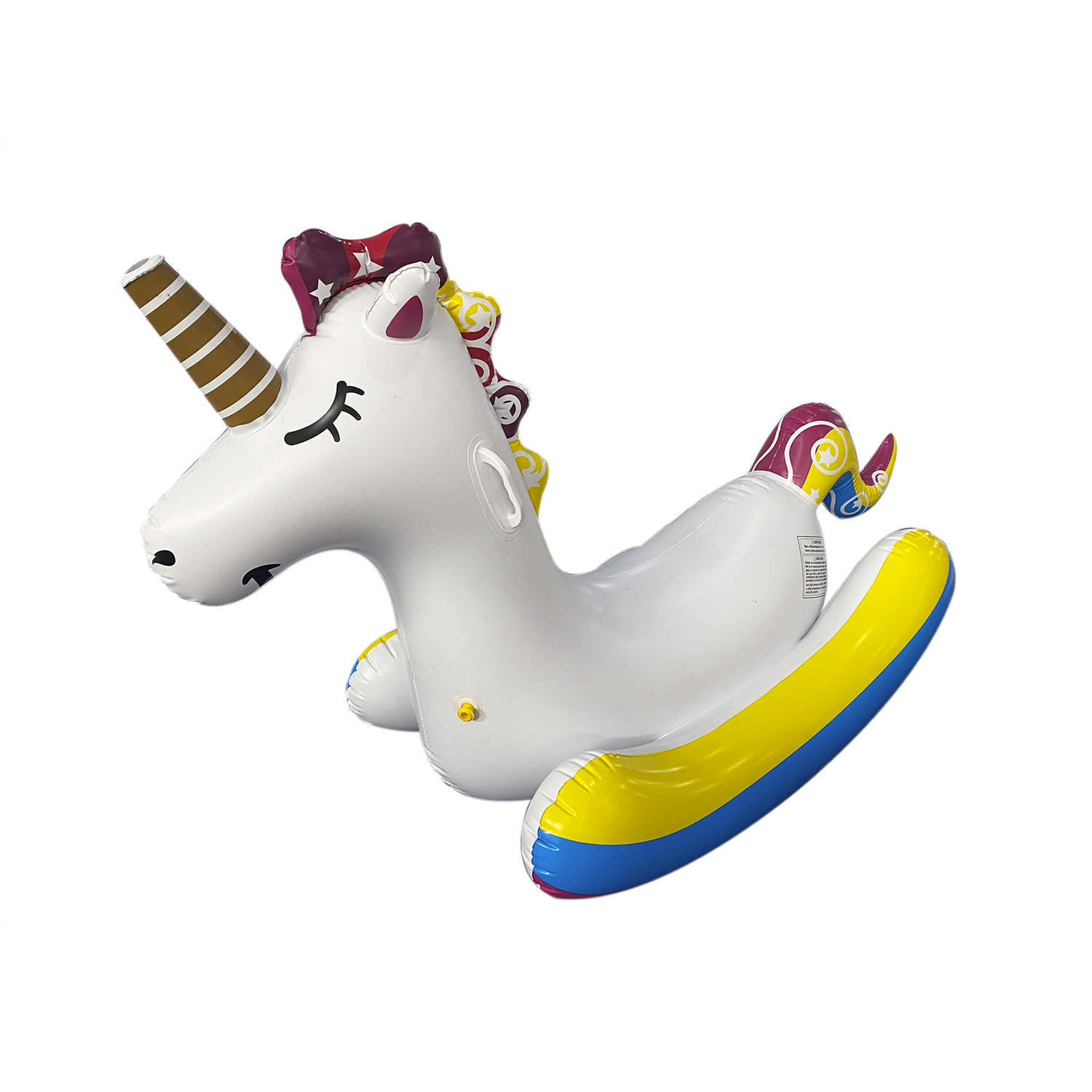 Unicornio inflable blanco con cola amarilla y azul, cuerno marrón y una cara sonriente.