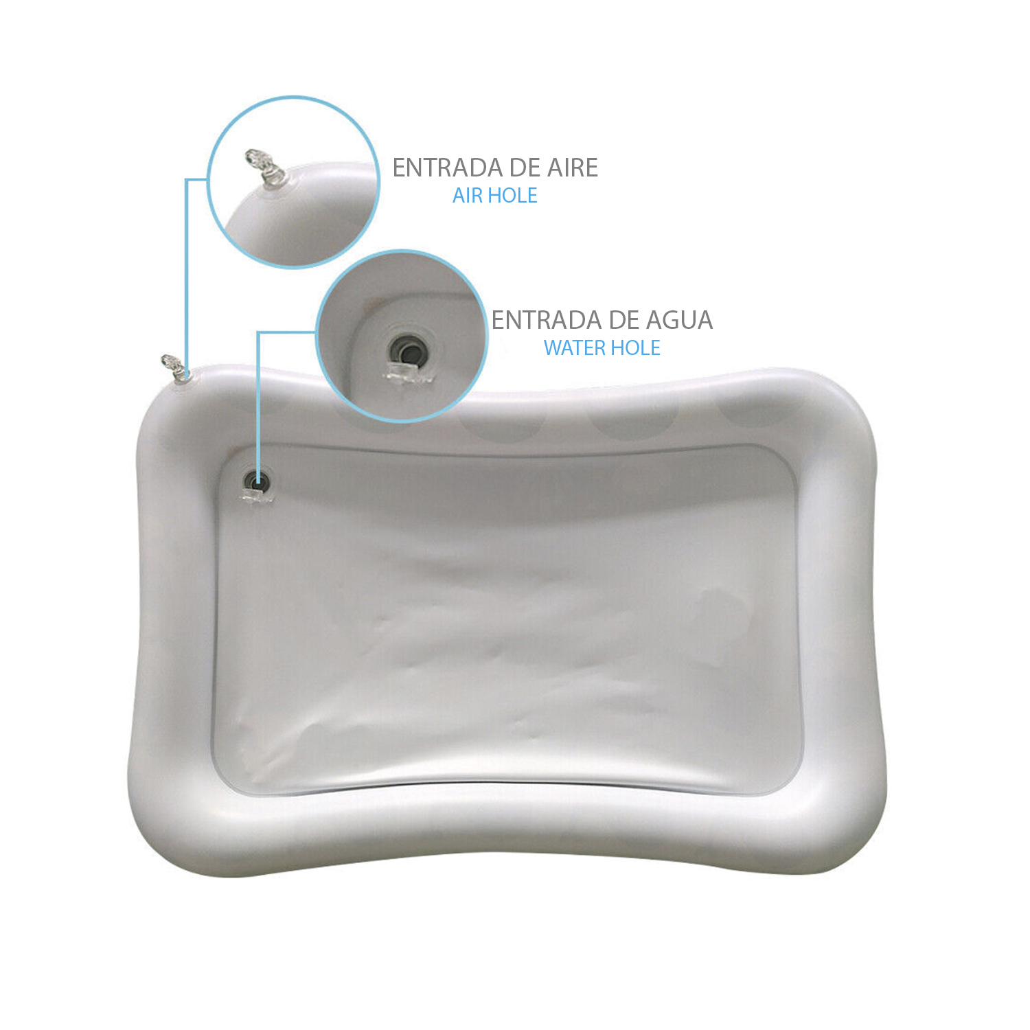 Colchoneta rectangular inflable blanca. Muestra un orificio de aire y agua.