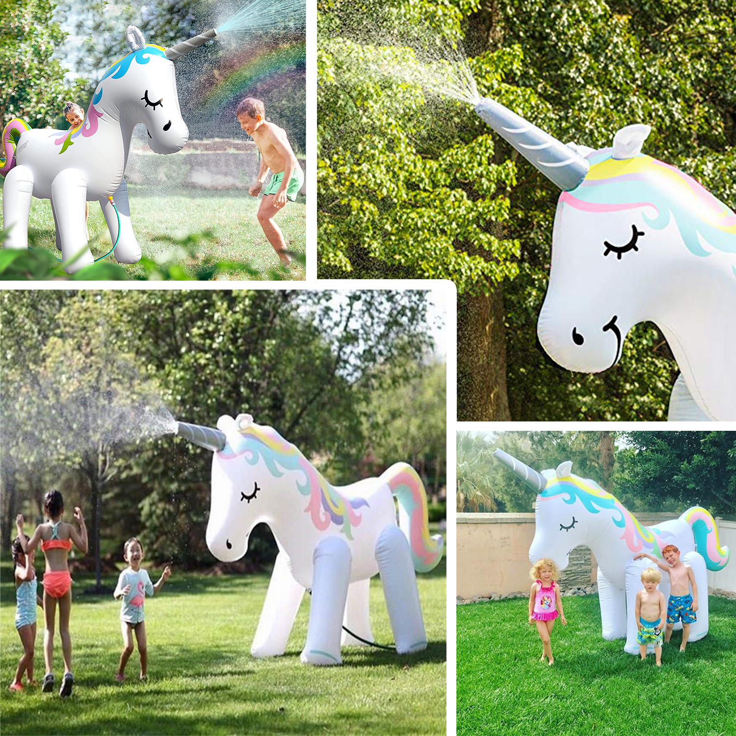Una serie de imágenes que muestran un aspersor de unicornio. La gente juega con él. Aparece un arcoíris.